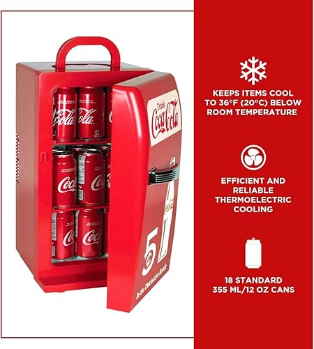 Miniatura 4 de Mini refrigerador Coca Cola – Refrigerador de 18 latas para dormitorio, oficina, enfriador de bebidas portátil de mesa, refrigerador de 12 V 110 V