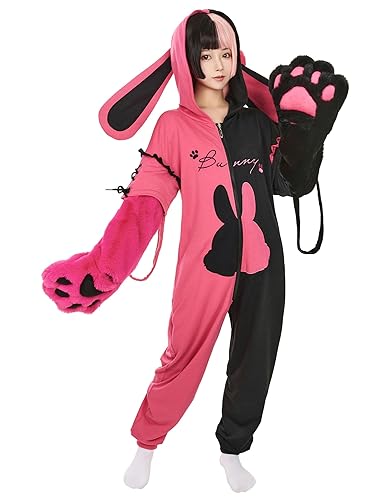 Micotaku Women's Bunny Hooded Onesie Pajamas Loungewear Sleepwear with Detachable Furry Paw Gloves - Medium - Pink and Black
