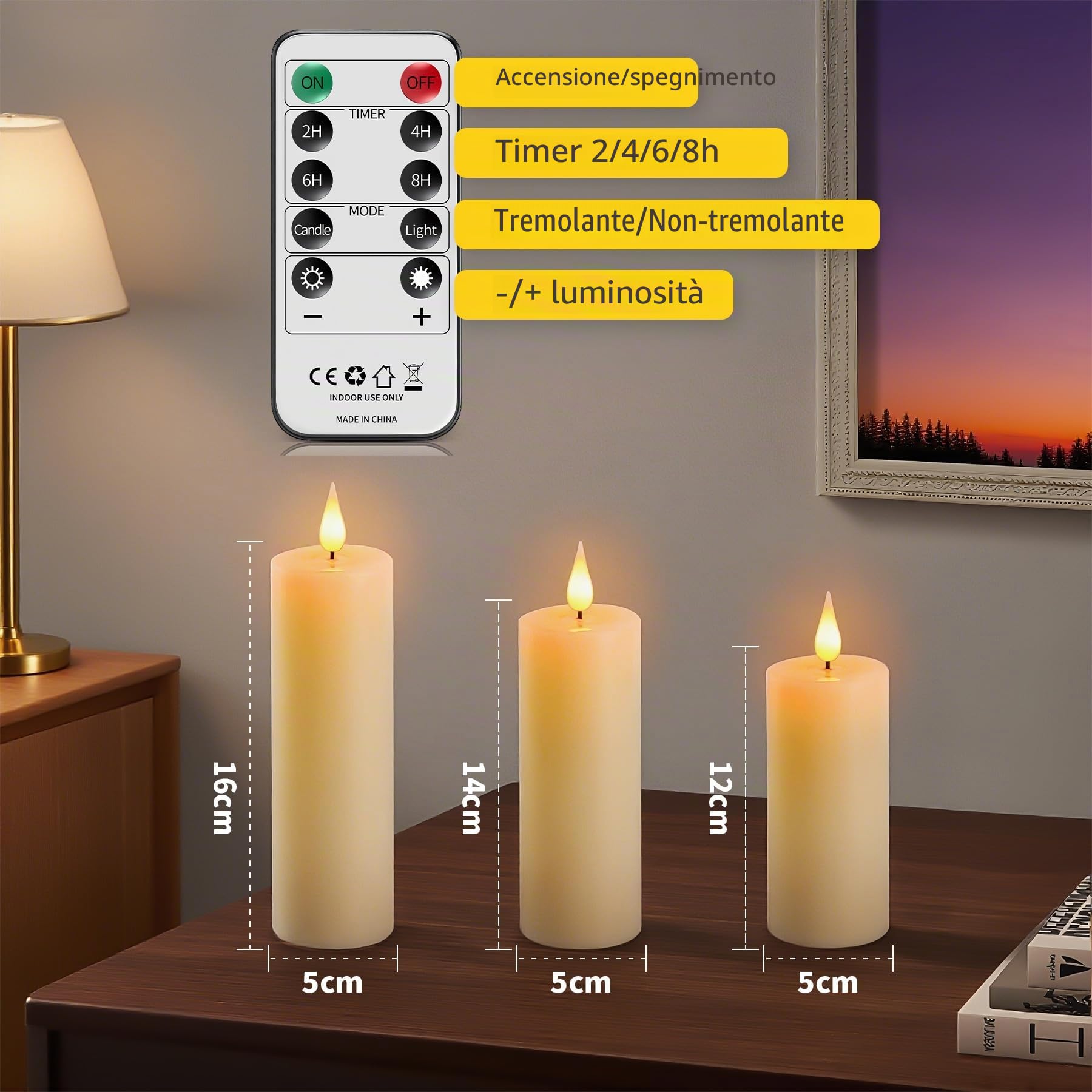 Broyal Set di 6 Candele a LED,Candele Led Ricaricabili(16/14/12cm),Candele Senza Fiamma,Candele LED con Telecomando e Funzione Timer