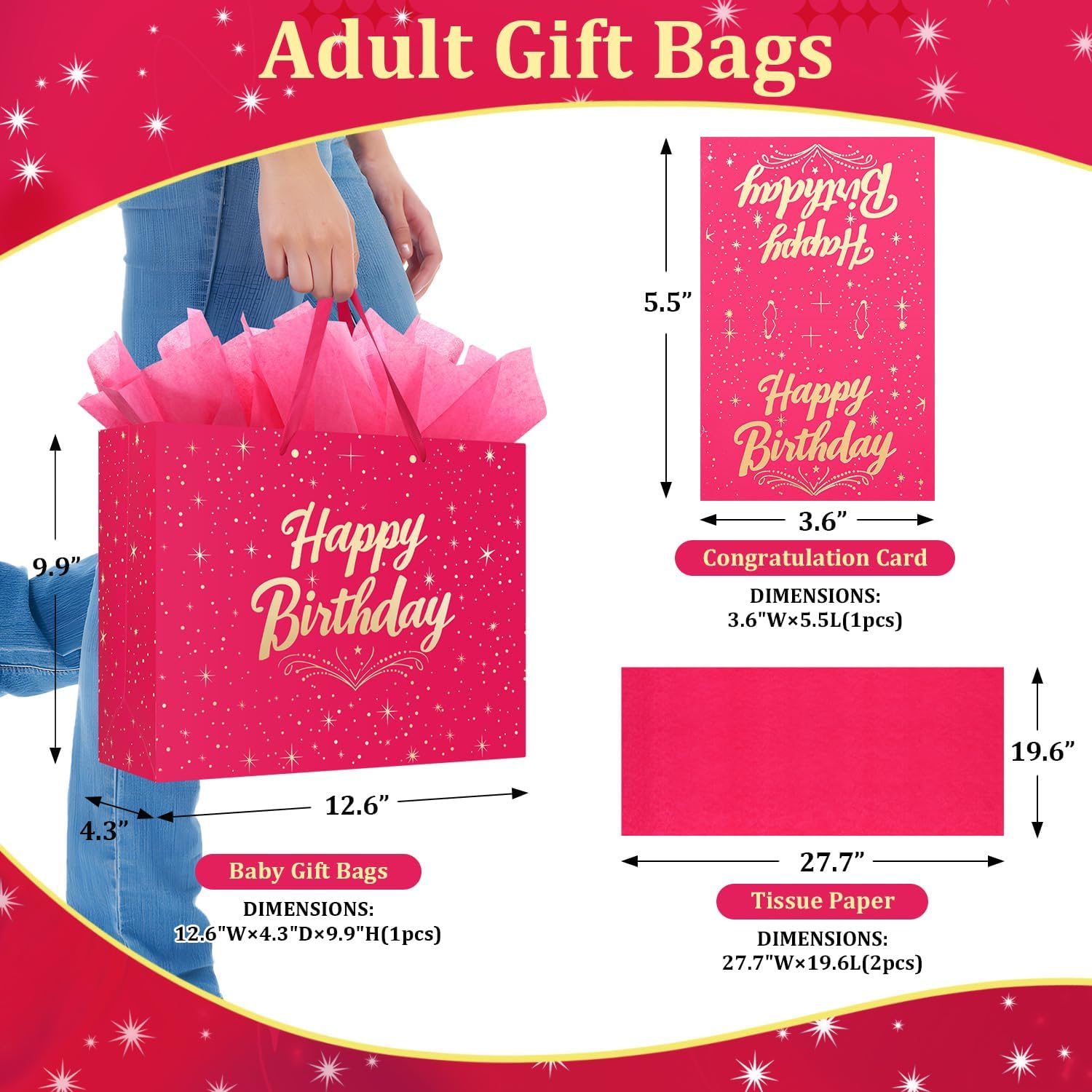Large Happy Birthday Gift Bag with Tissue Paper and Greeting Card, 2PCS Pink Gift Bag for Men Women Birthday, Party, Medium size - Image 2