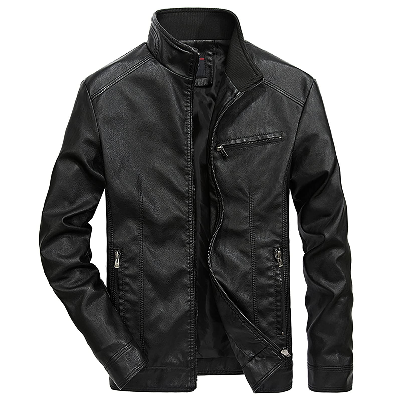 Hombres Chaqueta de Cuero,Otoño Invierno Espesar Cuero de la Chaqueta de béisbol Talla grande Cuello alto Abrigo Coincidencia de colores Chaqueta Impermeable a Prueba de Viento Ropa de moto PU
