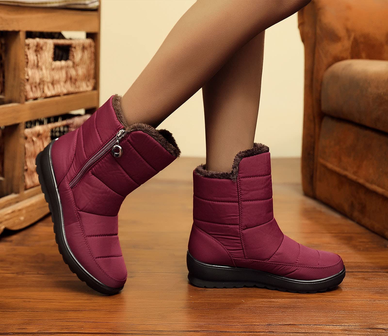 Scarpe invernali da donna foderate, stivali da neve da donna alla caviglia, stivali invernali caldi, stivali da donna a mezza altezza, stivali lunghi impermeabili, Colore: rosso, 37 EU