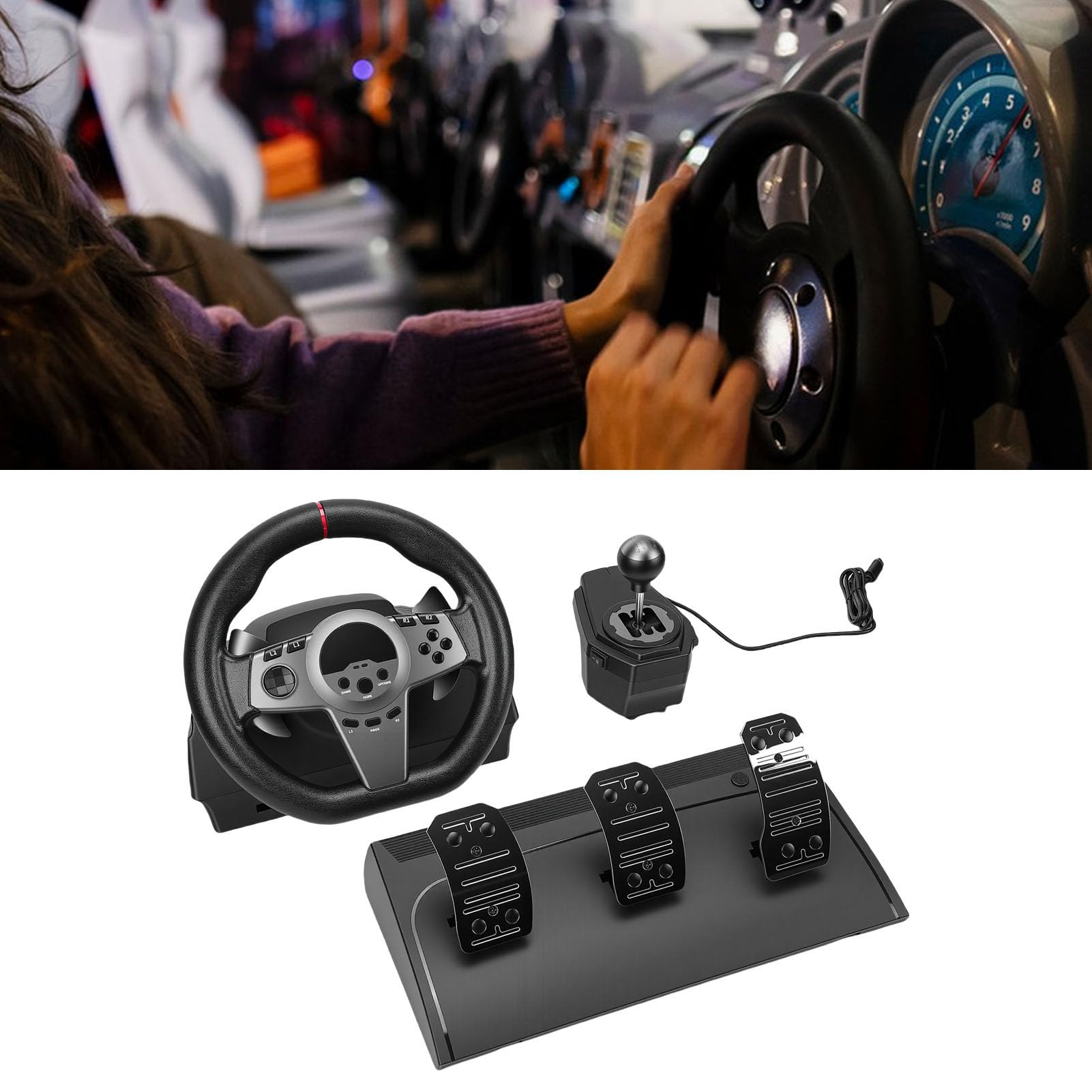 Kit de Pedales de Piso y Volante de Carreras con Paletas de Palanca de Cambios Manual Rotación de 270° para Control Mejorado para PC, Juegos de Simulación de