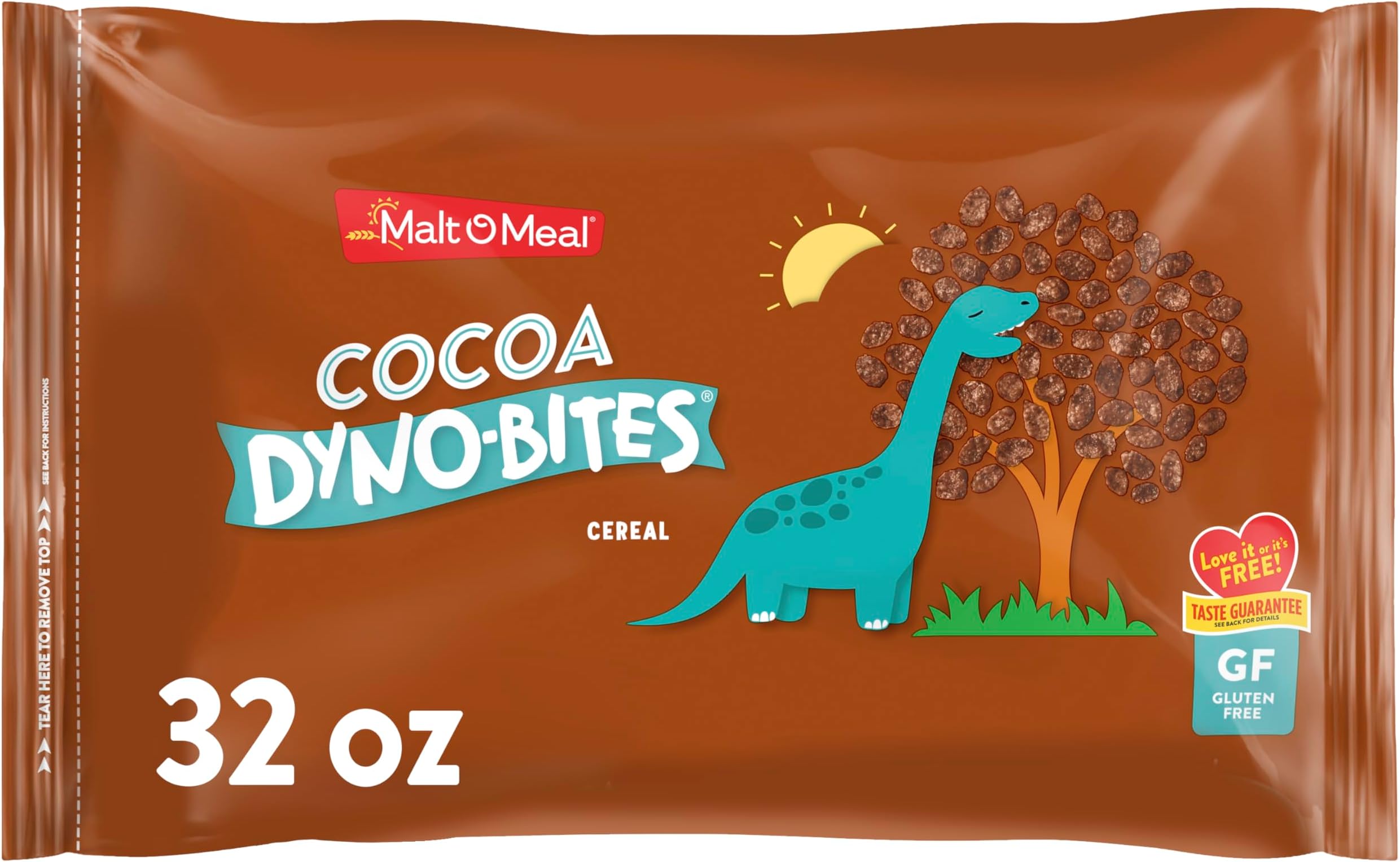 Malt-O-Meal Cocoa Dyno Bites Gluten Free Breakfast Cereal, Crispy Rice Puffs, Large Size for Family, 32 oz Resealable Bag