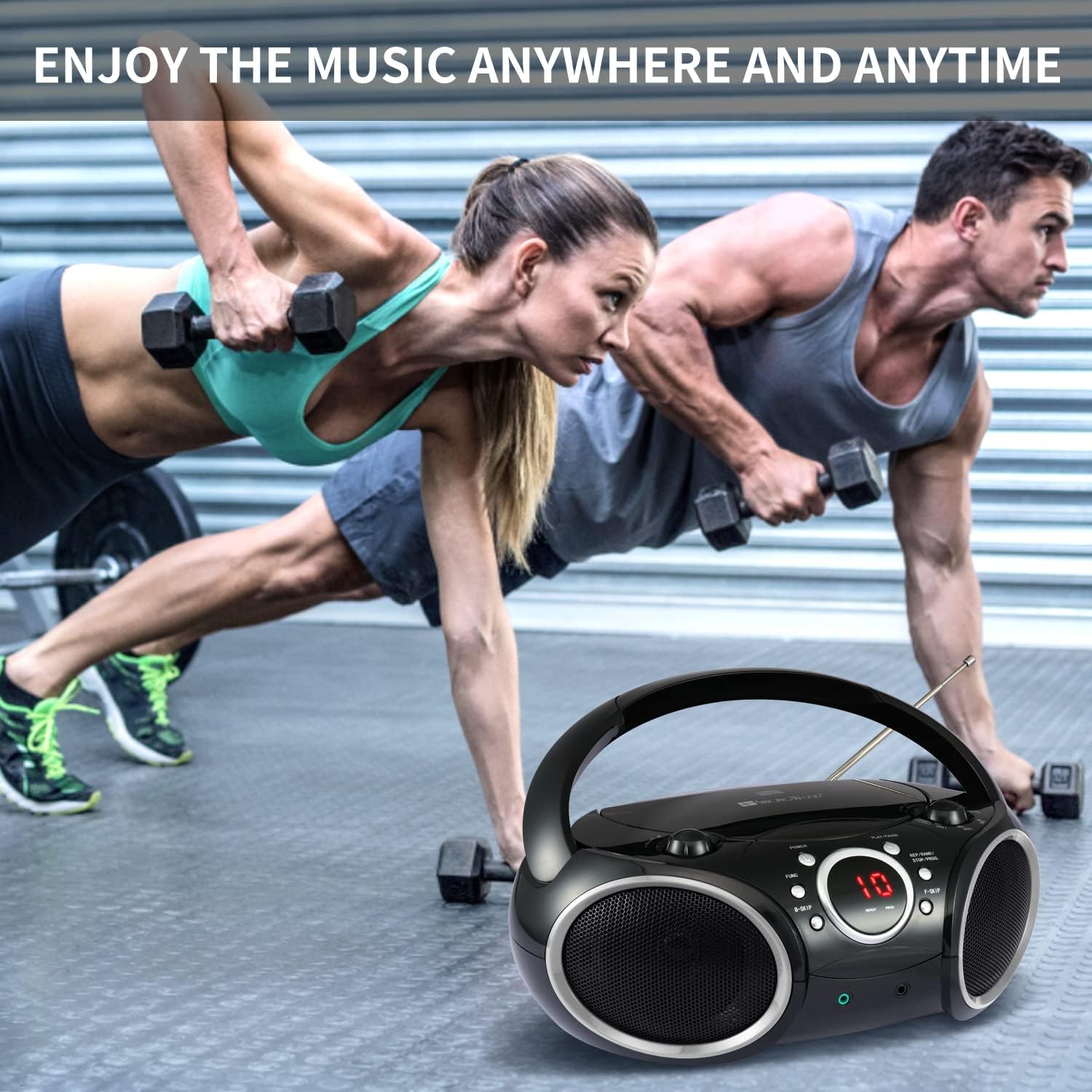 SINGING WOOD 030C Portable CD Player Boombox AM FM Analog Tuning Radio, Aux Line in, Headphone Jack, Foldable Carrying Handle (Black with a Touch of Grey Rims)