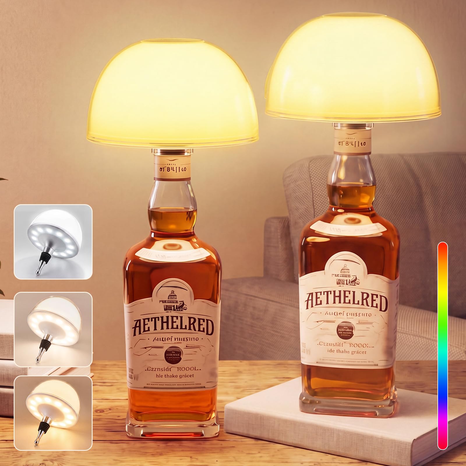 LED Flaschenlampe Aufsatz, Aufladbar, 3 Farbtemperaturen mit RGB, Dimmbar | 5200mAh Akku, 7 Farbmodi, IP54 Wasserdicht, Kabellos Flaschenlicht für Wohnzimmer, Esszimmer, Camping, Bar, 2 Stück