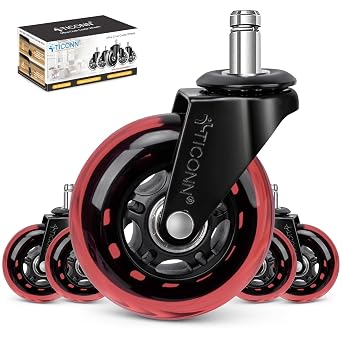 TICONN Office Chair Caster Wheels Set of 5 for Tile, Hardwood Floors and Carpets, Universal Fit for Most Chairs Red