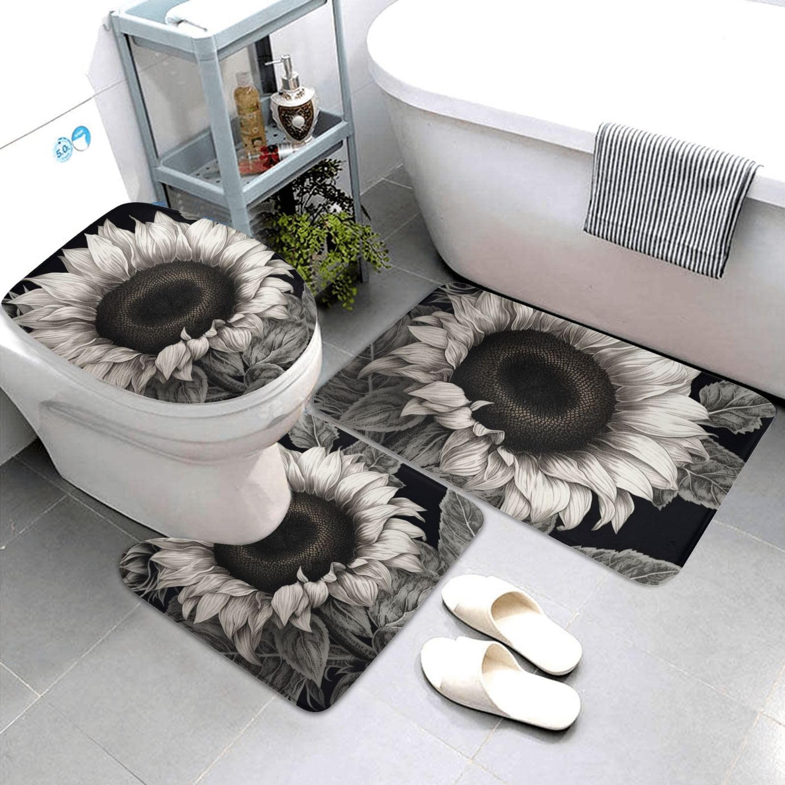 Dwrepo Sunflower Black Grey Print Bathroom Rug Set 3 Piece with Non-Slip U-Shaped Contour Mat and Toilet Lid Cover for Bathroom Decoration