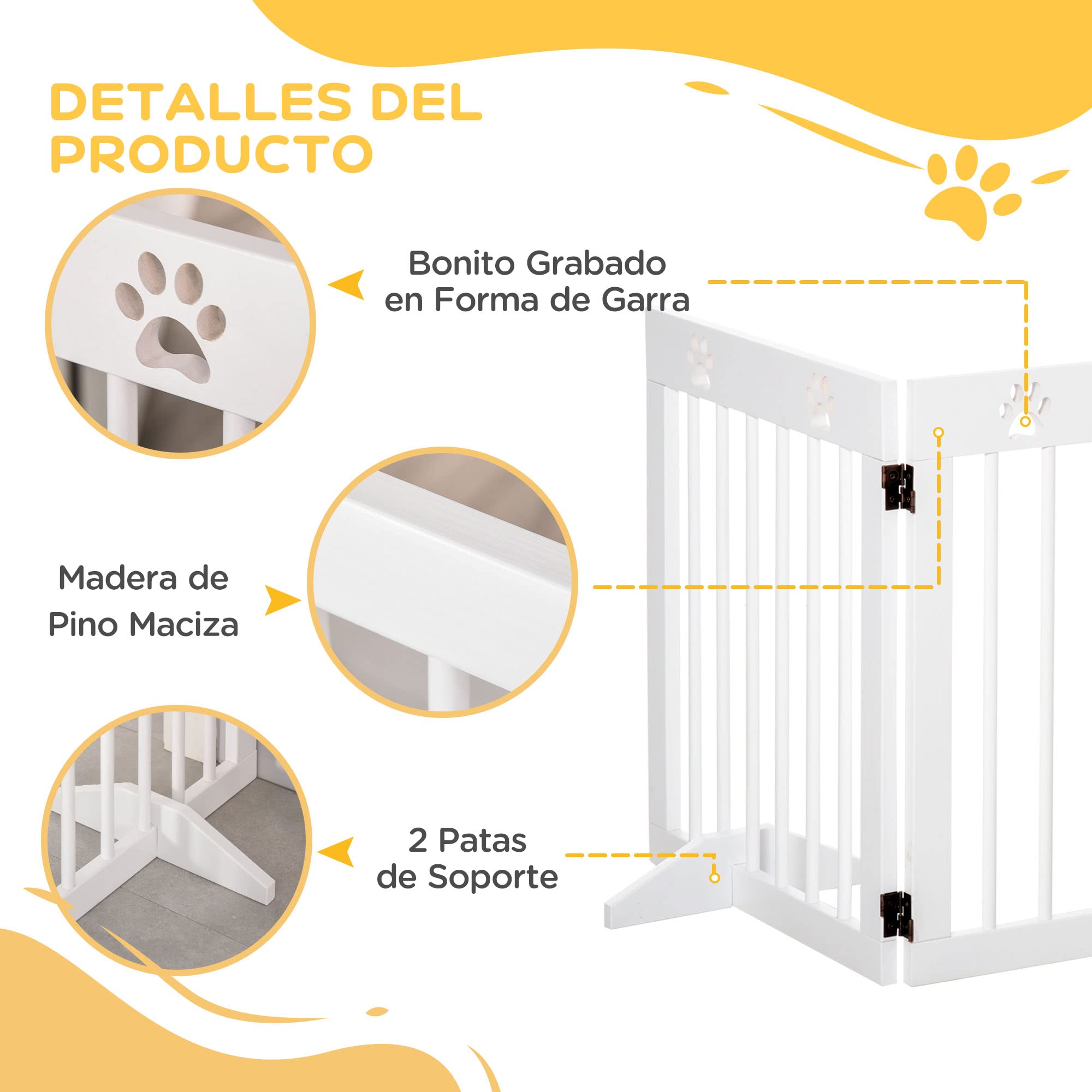 PawHut Barrera para Perros Plegable 4 Paneles Madera 204x61 cm Blanco | Barrera de Seguridad, para Perros Pequeños, Patas de Apoyo, Pasillo, Escalera
