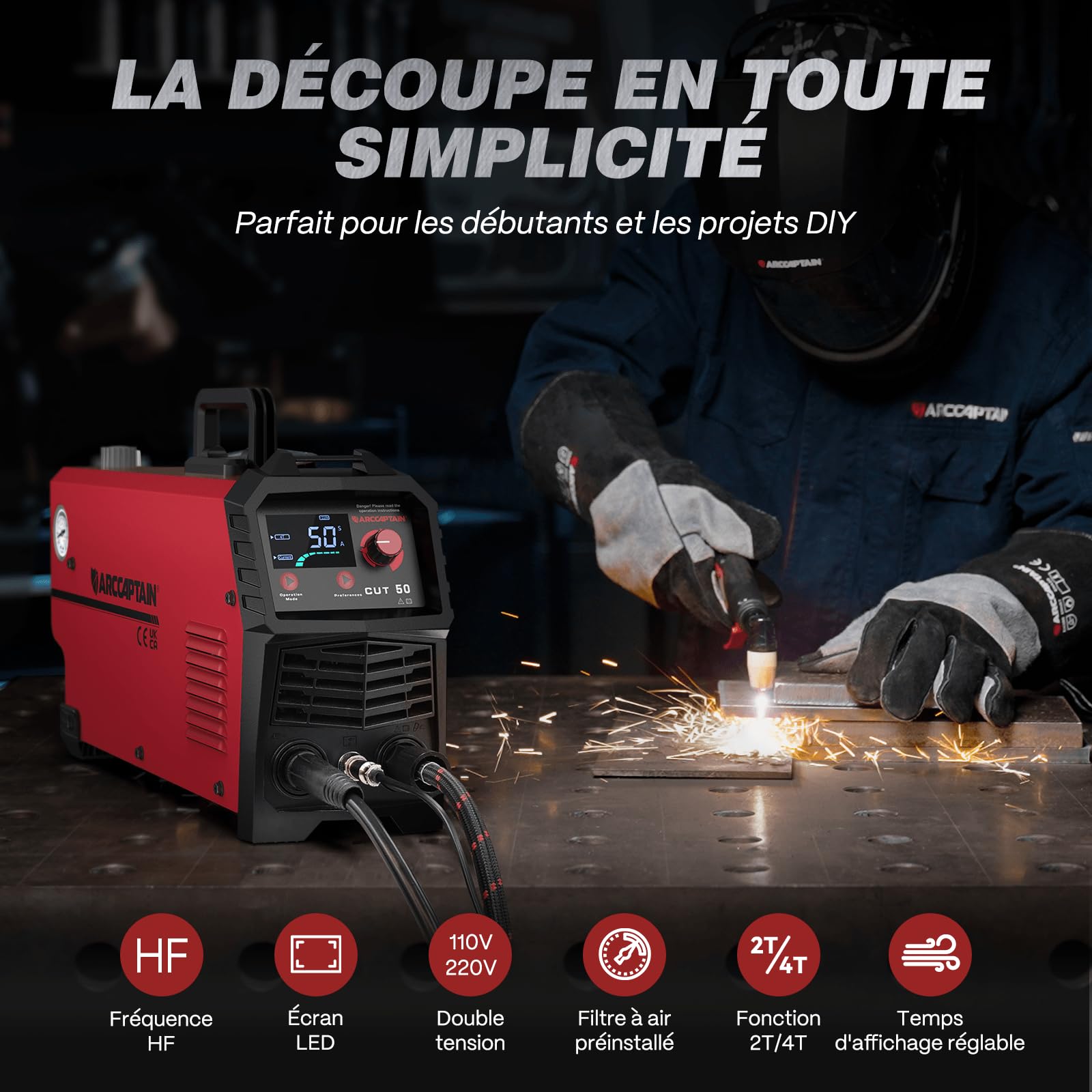 ARCCAPTAIN Découpeur Plasma 50Amp 110/220V Machine de découpe plasma à air IGBT DC Inverter Découpe de métal épaisseur jusqu'à 12mm