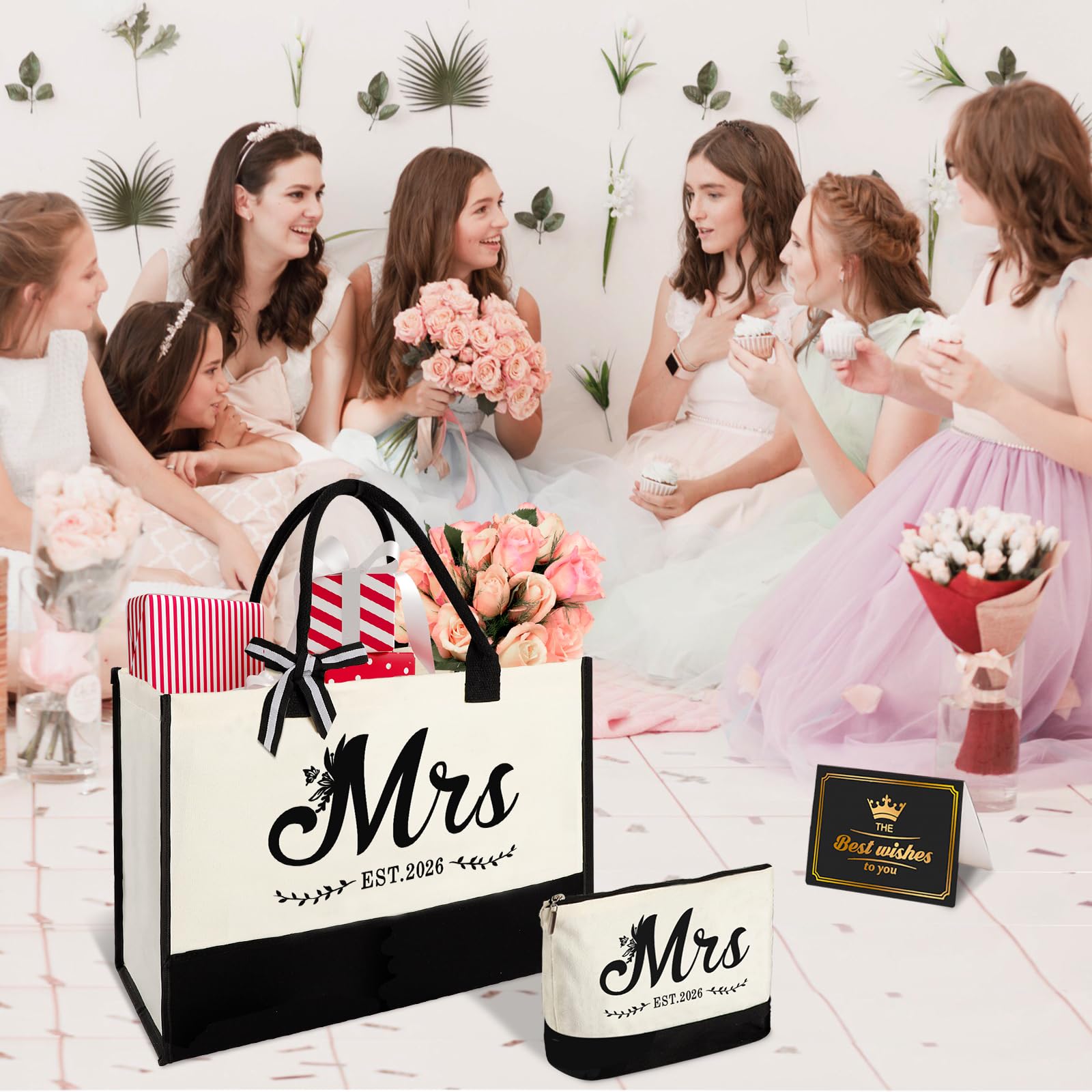 Mrs 2026 Bride Canvas Tote Bag with Makeup Bag, Wedding Gifts for Bridal Shower Bachelorette Party Engagement Honeymoon, Miss to Mrs, Bride to Be Gifts