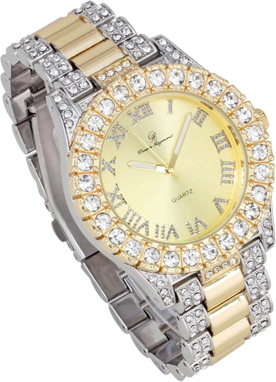 Charles Raymond Bling-ed Out Round Metal Mens Color on Blast Watch with Diamond Time Indicators - Ice on Fire!!! - ST10327DxxS (TT - Gold)