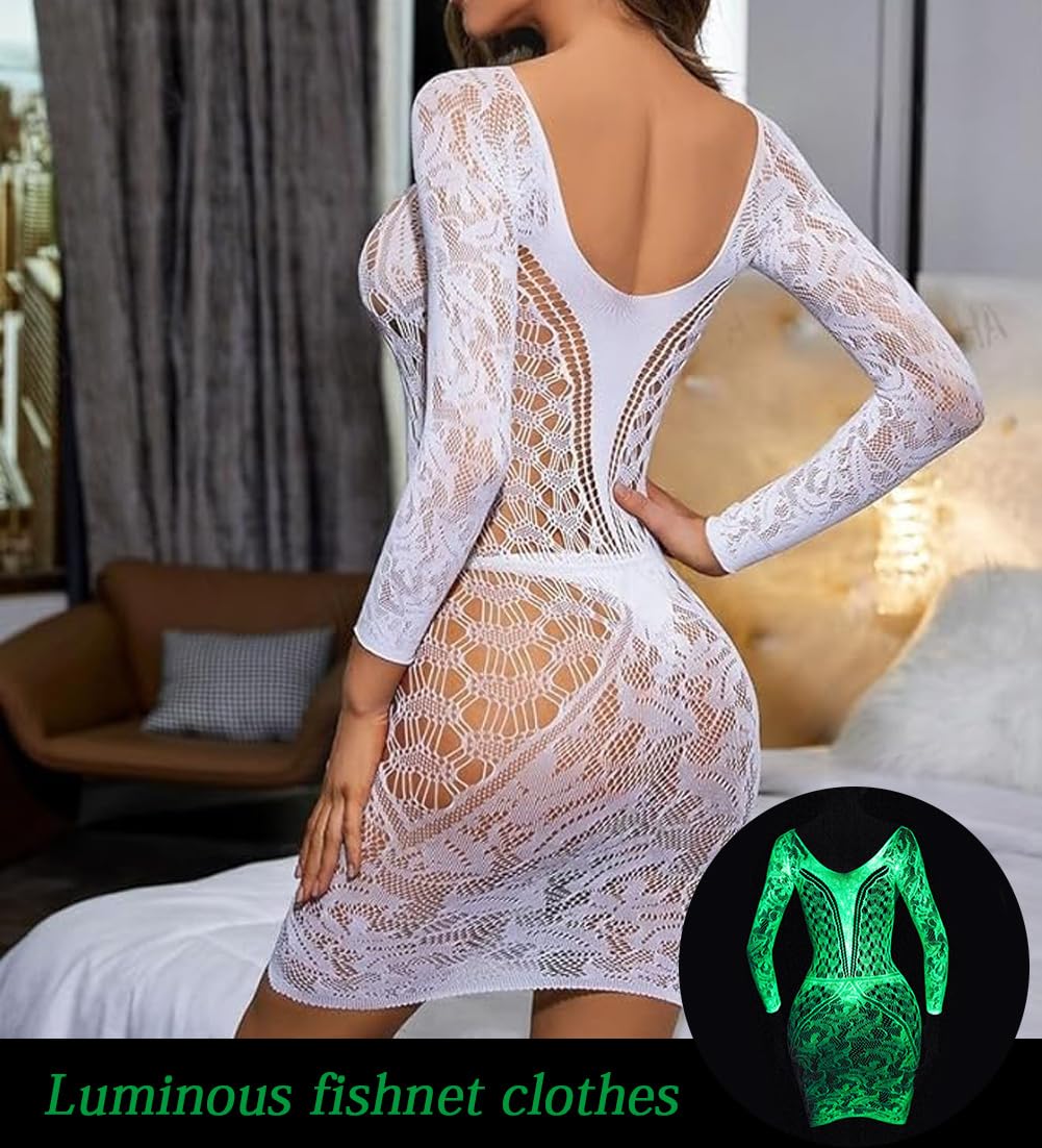 DTWAWA Glow in the Dark Sexy White Fishnet Stockings, Stylish Bodysuit Leggings for Womens Party: A Bodysuit White