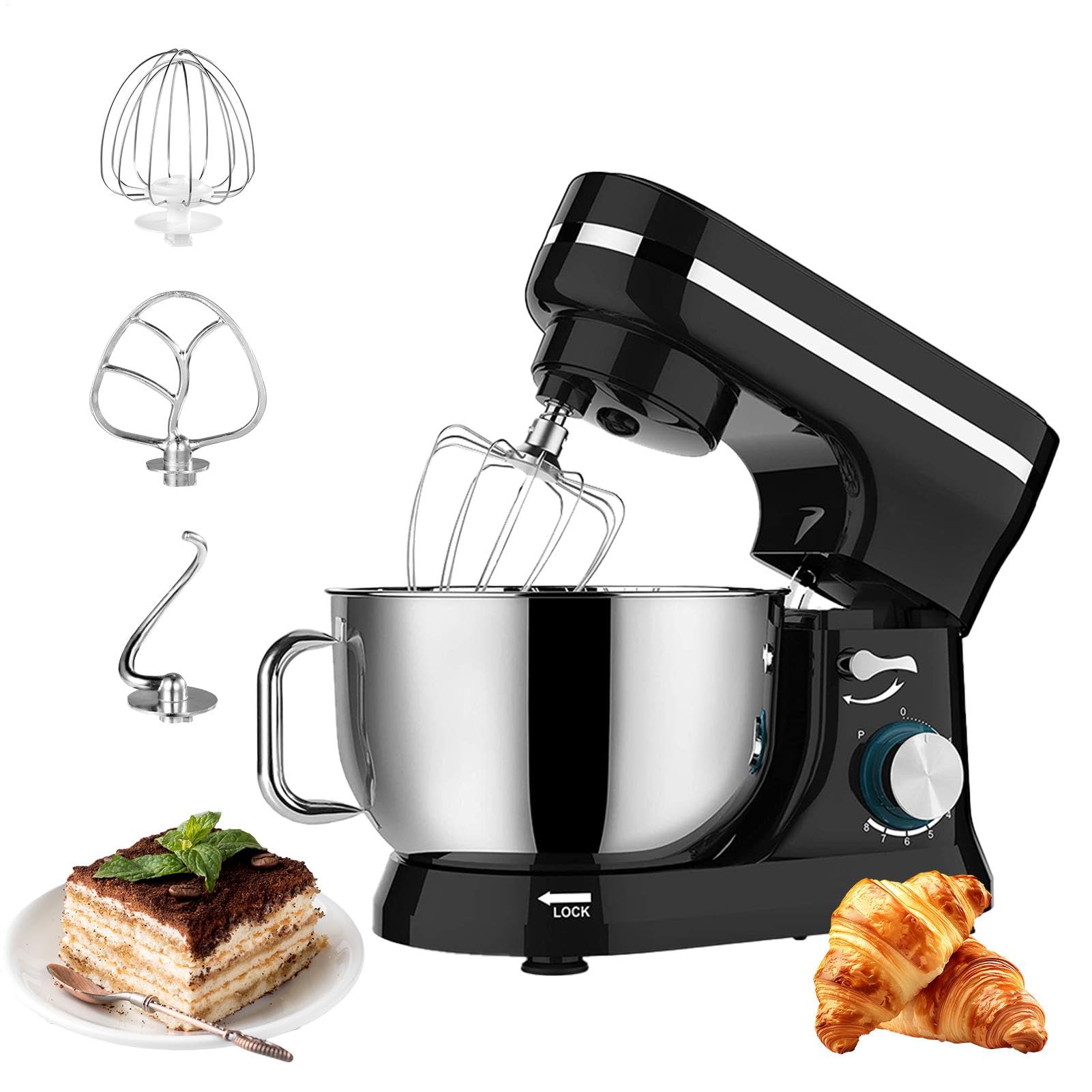 Three in A Electric Stand Mixer,batidoras Para Reposteria,4.5QT-6QT 8 Speeds Tilt-Head Dough Mixers, Bread Mixer, Splash Guard For Baking Bread,Cake,Cookie,Pizza,Muffin,Salad And More(Black)