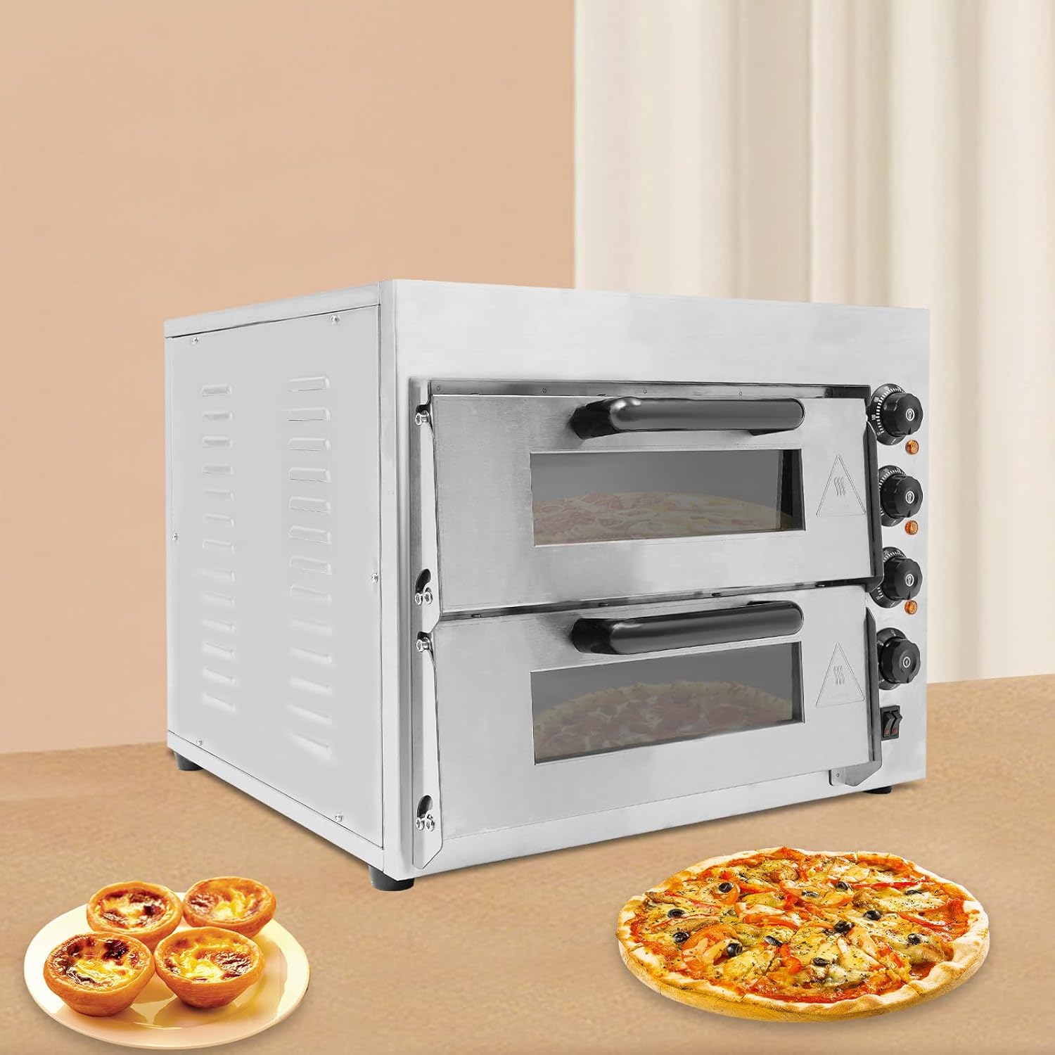 Horno elctrico para pizza de acero inoxidable, 3000 W, para interiores, doble piso, horno de pizza, 2 pisos, con regulacin de temperatura, 50-350 , para pizzera, restaurante, panadera, hogar