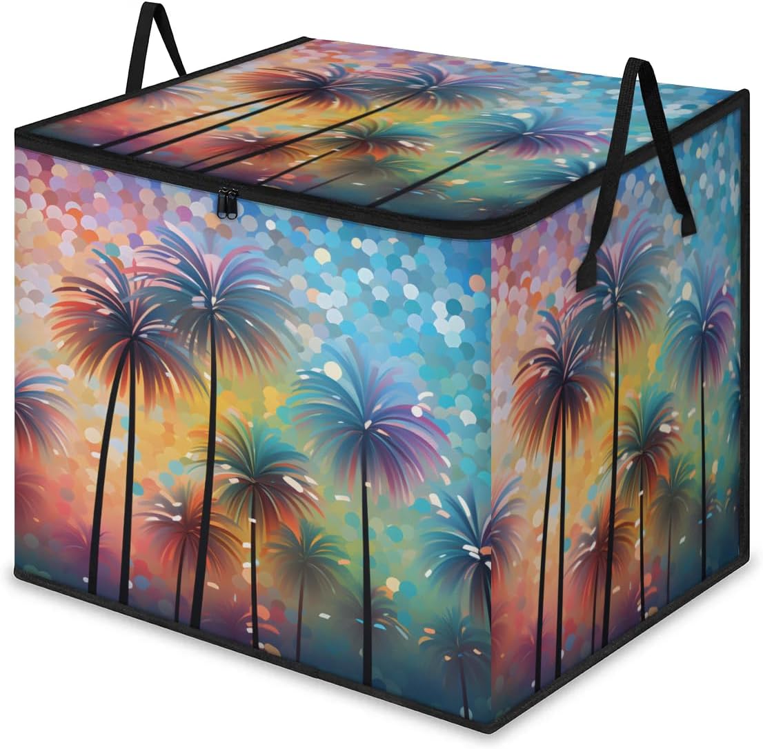 Honeybaby 214L Extra Large Comforter Storage Bag Abstract Coconut Trees Storage Totes with Lids Waterproof Closet Organizer Folding Blanket Storage Bags for Clothes Bedding Pillows