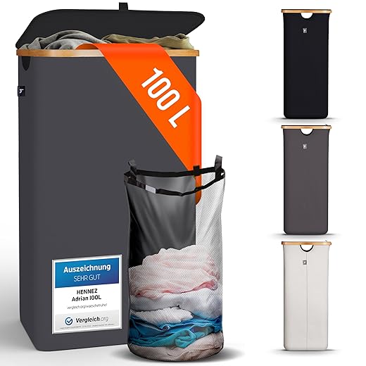 HENNEZ Wäschekorb mit Deckel HERAUSNEHMBARER WÄSCHESACK, Wäschekorb Bambus Wäschesammler Wäschesortierer Wäschetruhe Wäschebox Groß Wäschekorb faltbar Laundry Baskets 100L DUNKELGRAU
