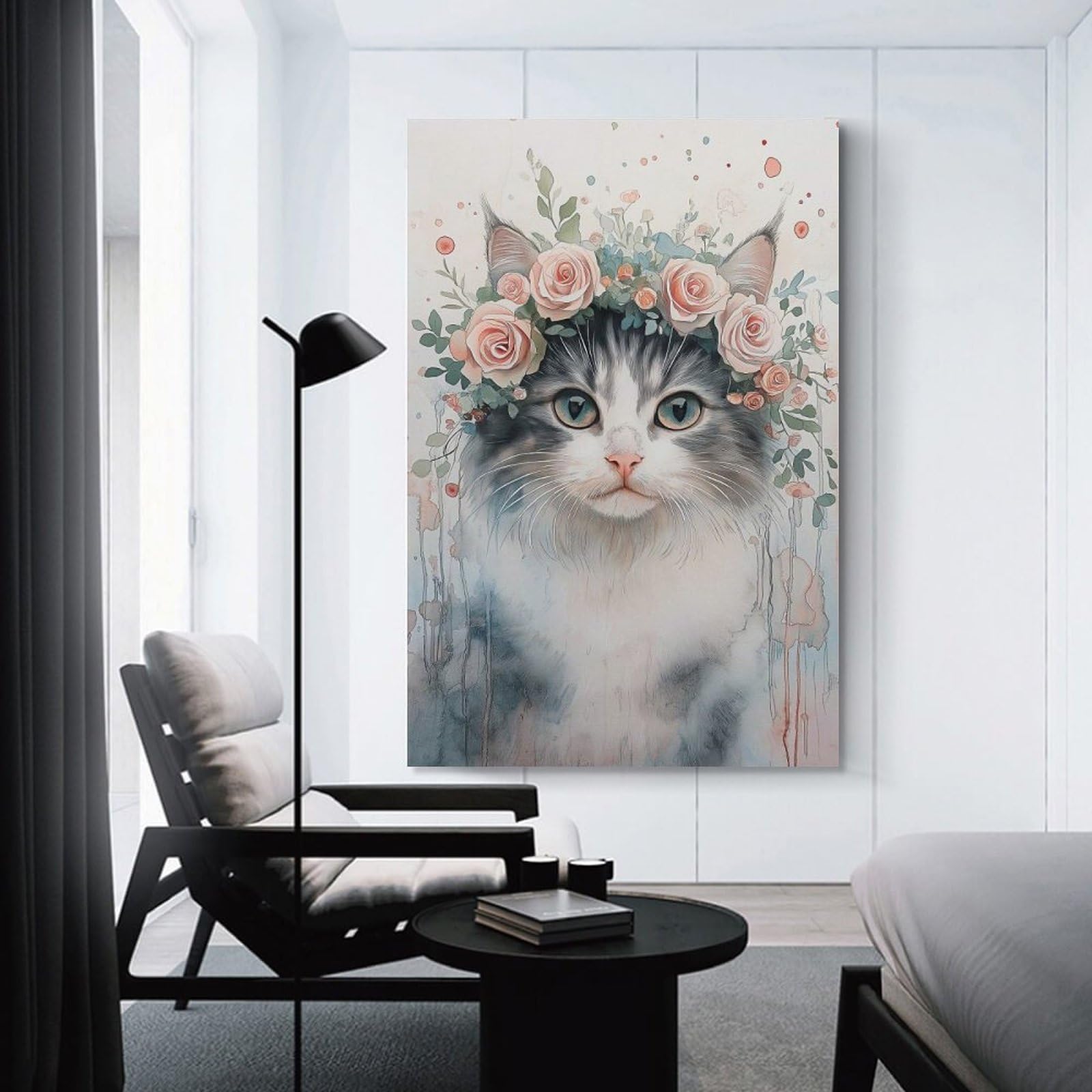 Junmoney Cat with Floral Crown Wall Picture Print 20x30inch(50x75cm), for Corridors, Hallways Or Apartment Entries, Wall Decor to Refresh Empty Corners