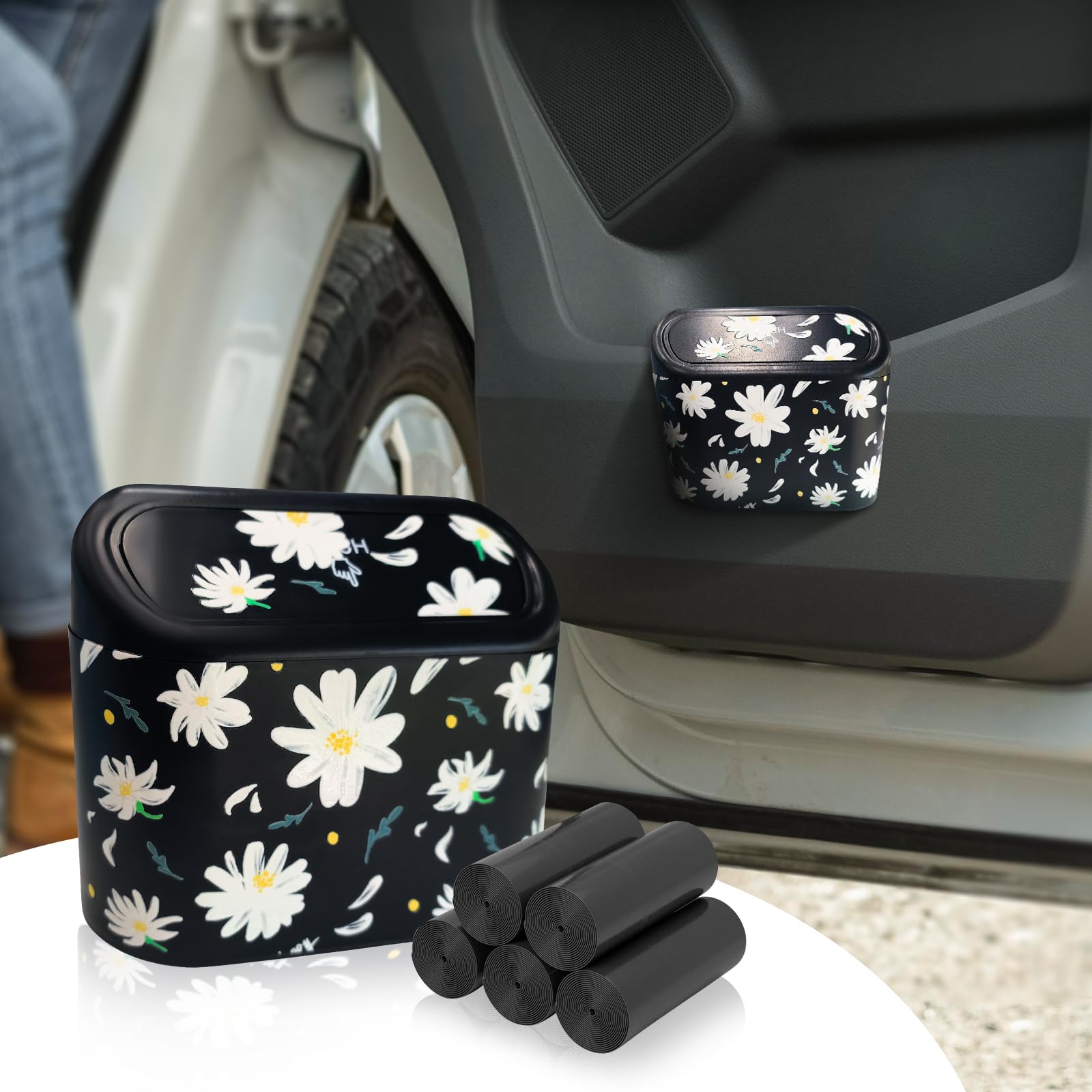 Mini bote de basura para auto con tapa, lindo accesorio floral para interior de auto con 5 bolsas de basura, pequeño organizador automotriz para asientos delanteros y traseros, ajuste universal, bote de basura para SUV, sedán, camioneta, oficina o hogar.