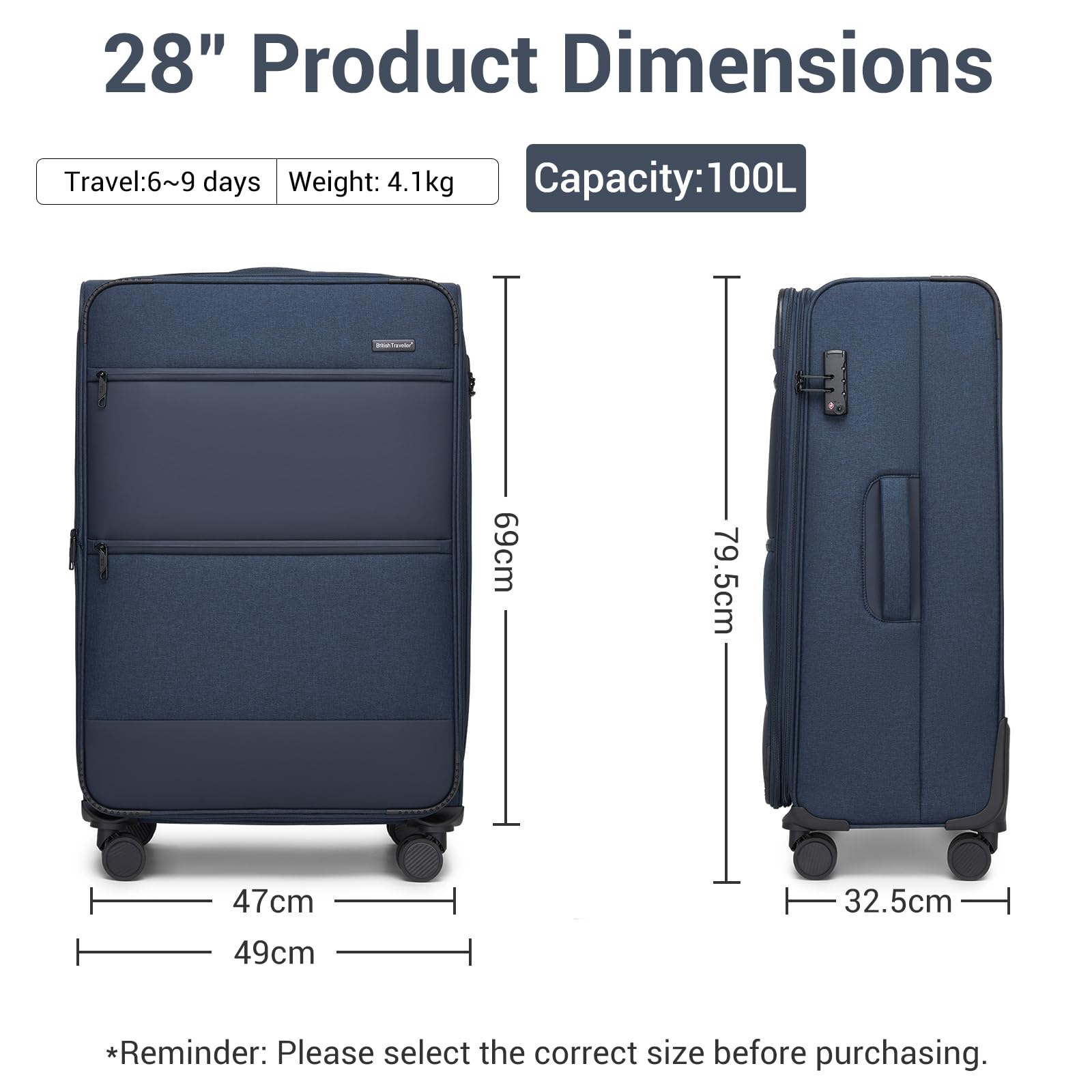 British Traveller Maleta Trolley Grande Rígida Expandible 79cm, Maletas Rígidas de Viaje con 4 Ruedas Giratorias y Cerrado TSA (28 Pulgadas, Azul)