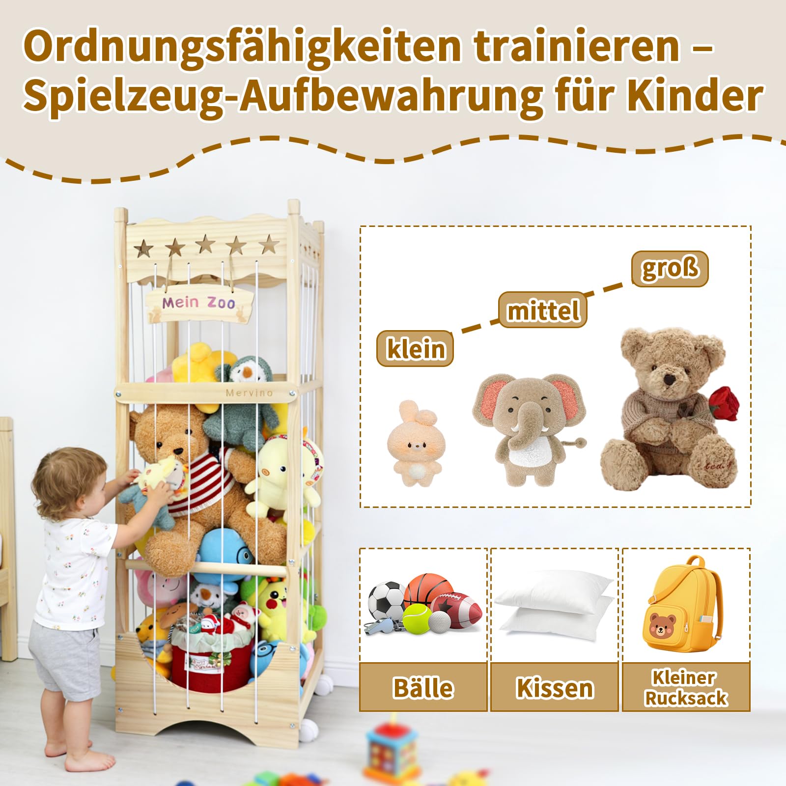 Mervino Holz Kuscheltier Aufbewahrung, mit Gummis & Rollen | Stofftier Aufbewahrung für Kinderzimmer & Spielzimmer, mit Gummis & Rollen, Massivholz, platzsparend