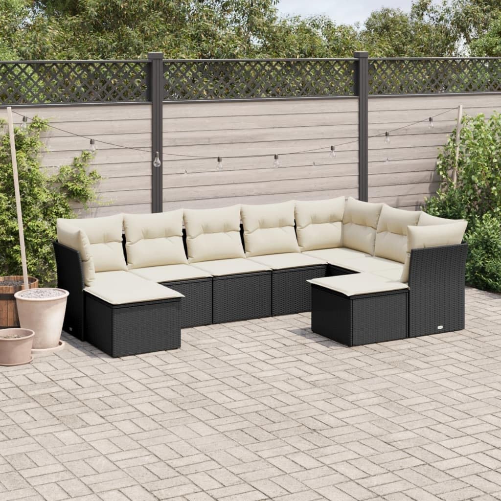 Set di mobili da giardino in rattan sintetico, 9 pezzi, con divano e poltrona, resistenti alle intemperie, cuscini inclusi, ideale per terrazza, balcone e veranda, salvaspazio e robusto