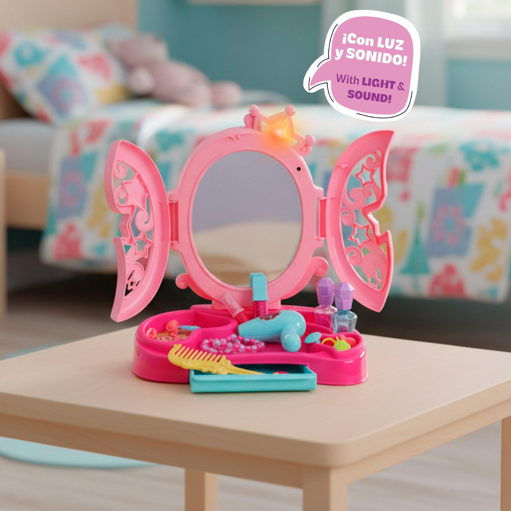 ColorBaby Beauty Love Tocador Infantil luz y Sonido, Medidas 27x18x31,5 cm, Incluye Espejo, secador, Peine, perfumes, pintalabios, Anillos, Pulseras y Accesorios, Desde 3 años (39439)