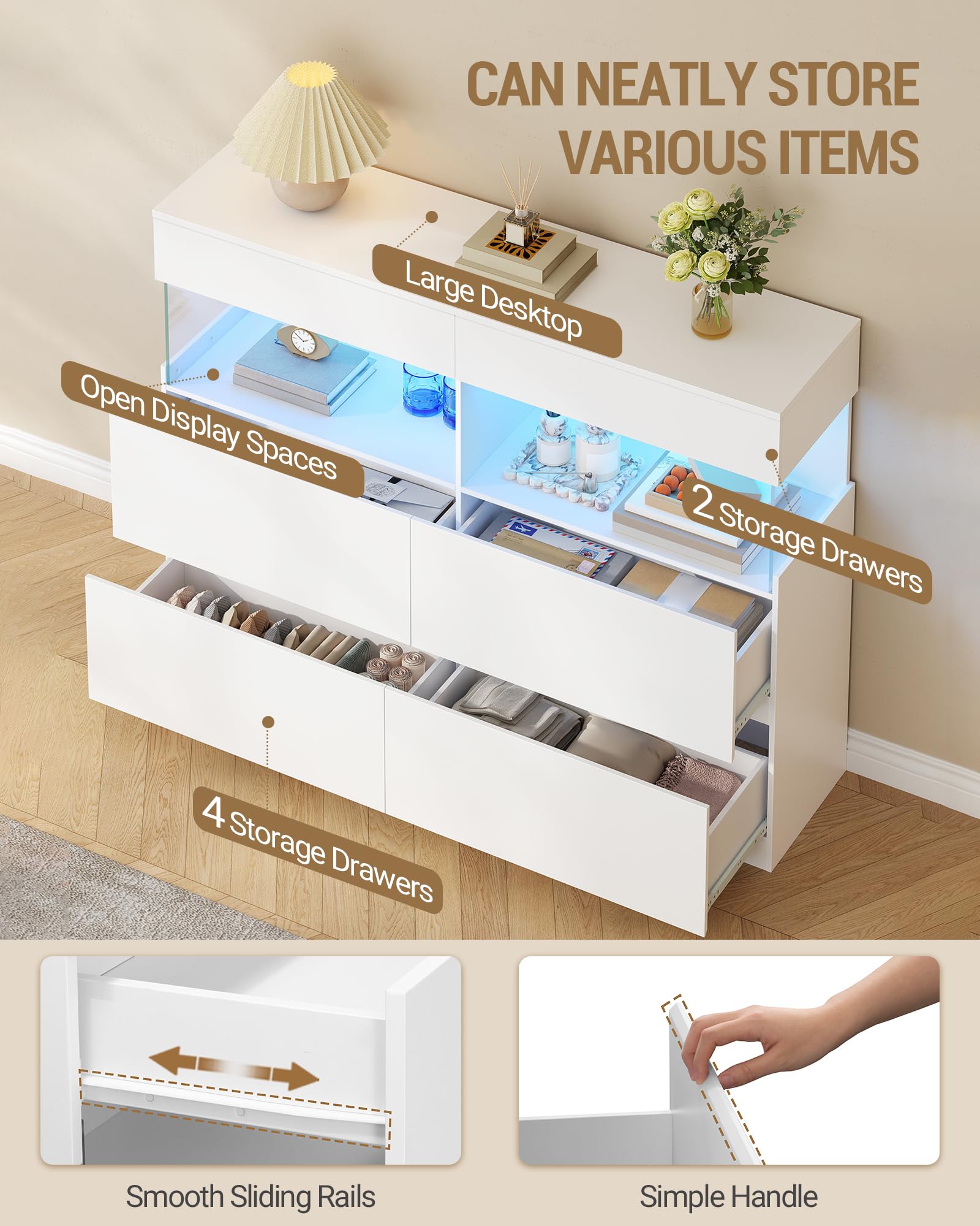 Hzuaneri 140cm Kommode mit LED-Beleuchtung und 2 Glas-Vitrinenelementen