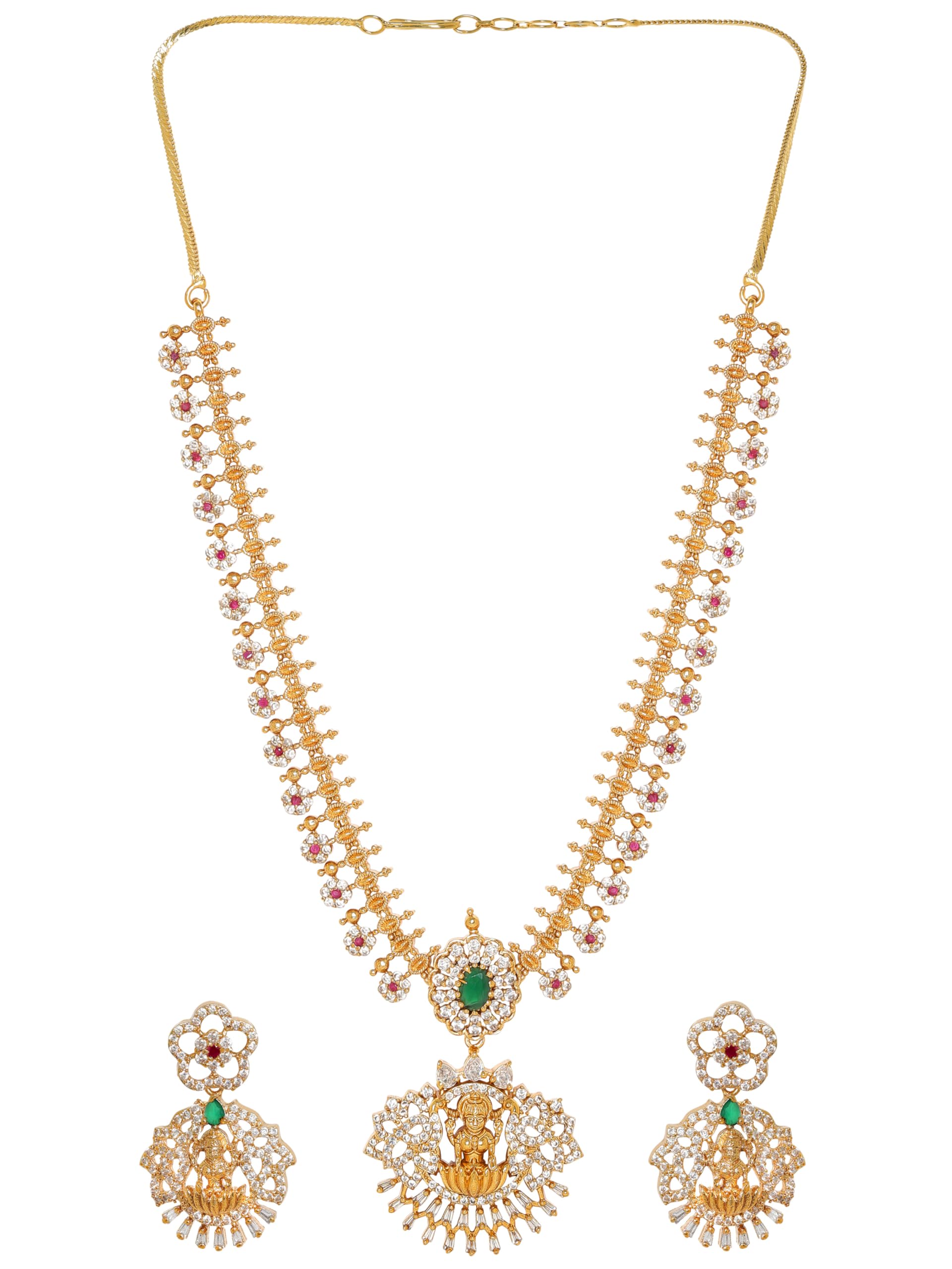 rubans 22 KT Gold Plated CZ Emerald-Studded Goddess Lakshmi Jewellery Set-picture-12