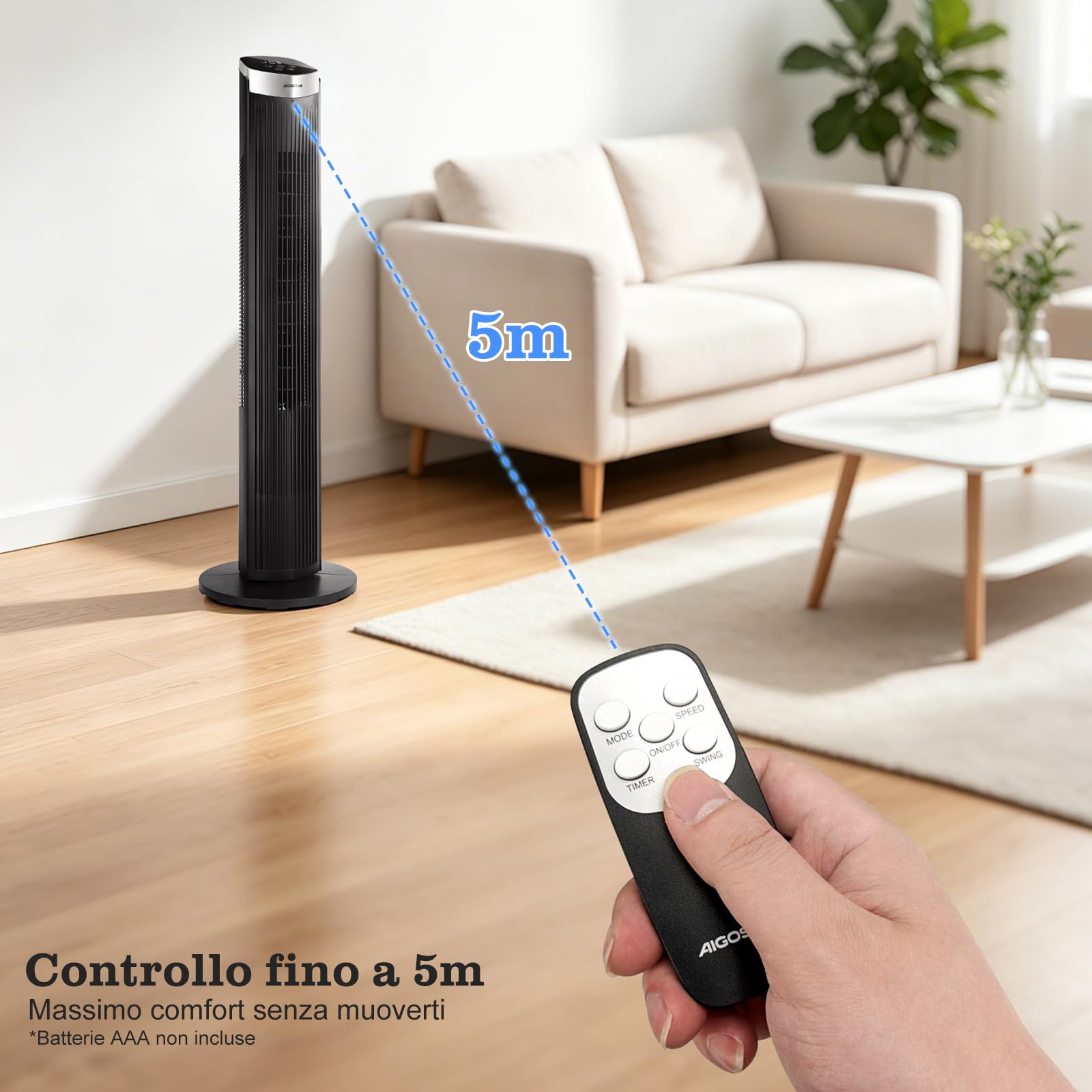 Aigostar Ventilatore a Torre Silenzioso con Telecomando e Timer 12H, 3 Modalità (Normale/Naturale/Sleep), 3 Velocità Regolabili, Oscillazione, LED Display, 28 dB, Portata Aria 1752m³/h, Nero *2