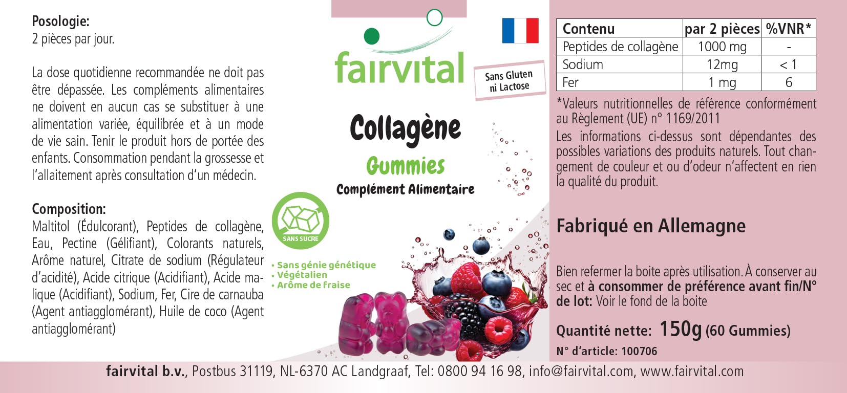 Fairvital | Żelki kolagenowe – 60 sztuk – 1000mg w dziennej dawce – z sodem i żelazem – wysoka dawka – bez cukru – sprawdzona jakość i wysoka dawka – wyprodukowane w Niemczech