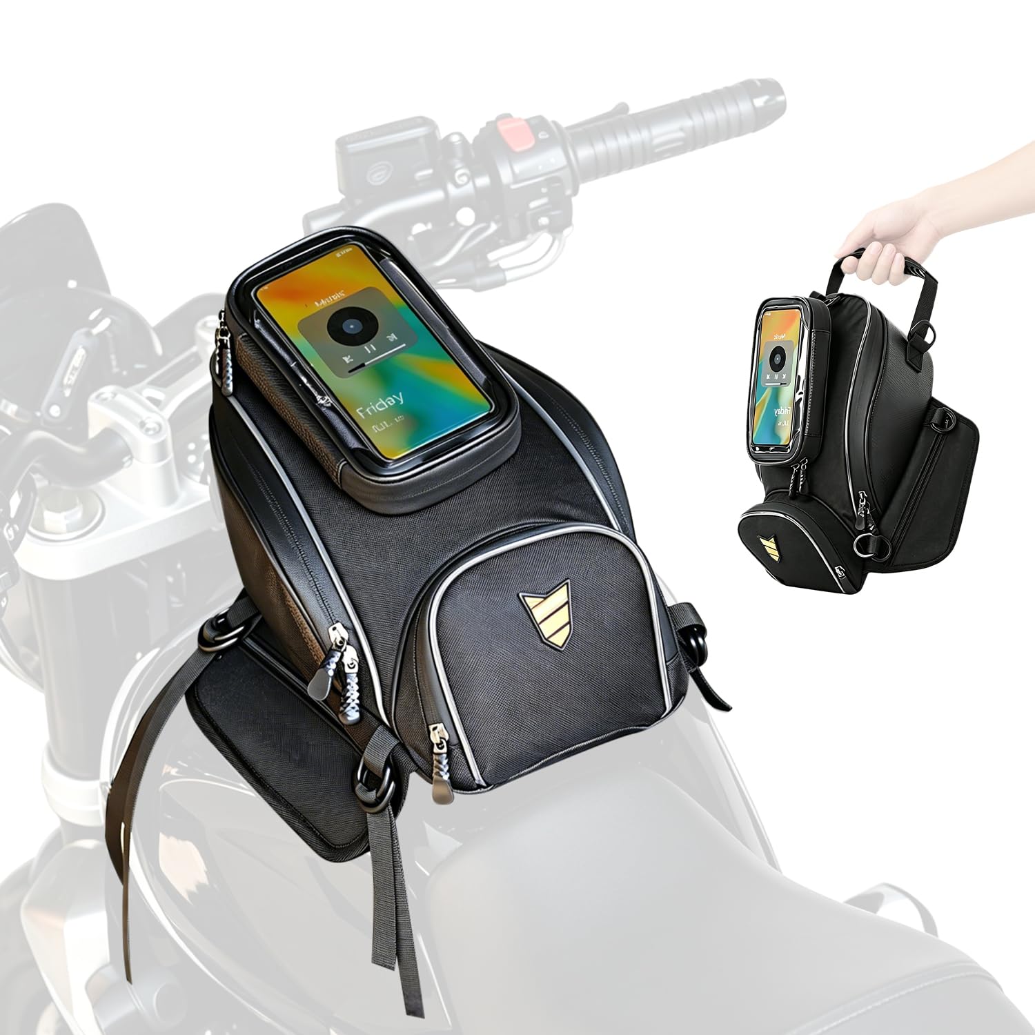 Motorrad Tankrucksack,wasserdichte Motorrad-Kraftstofftanktasche mit Abnehmbarer Touchscreen-Handyhalterung, Magnetic Motorcycle Tank Bag, 3 Magneten und 4 verstärkten Riemen