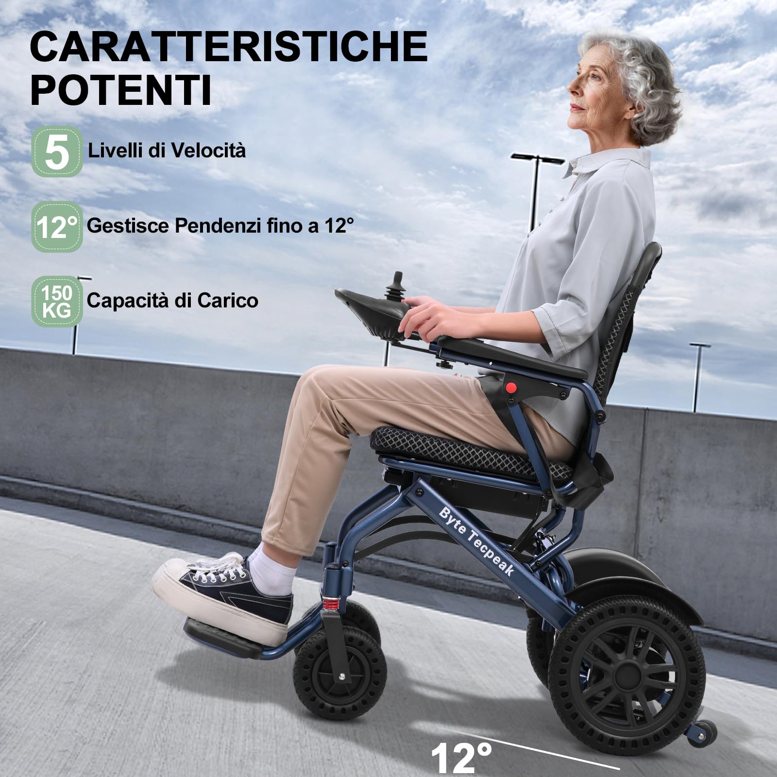 【Versione migliorata】ByteTecpeak D14 Sedia a rotelle elettrica pieghevole per anziani, autonomia di 25 km, motore da 500 W, cuscino di seduta ispessito, adatto per viaggi e standard di imbarcare-Blu