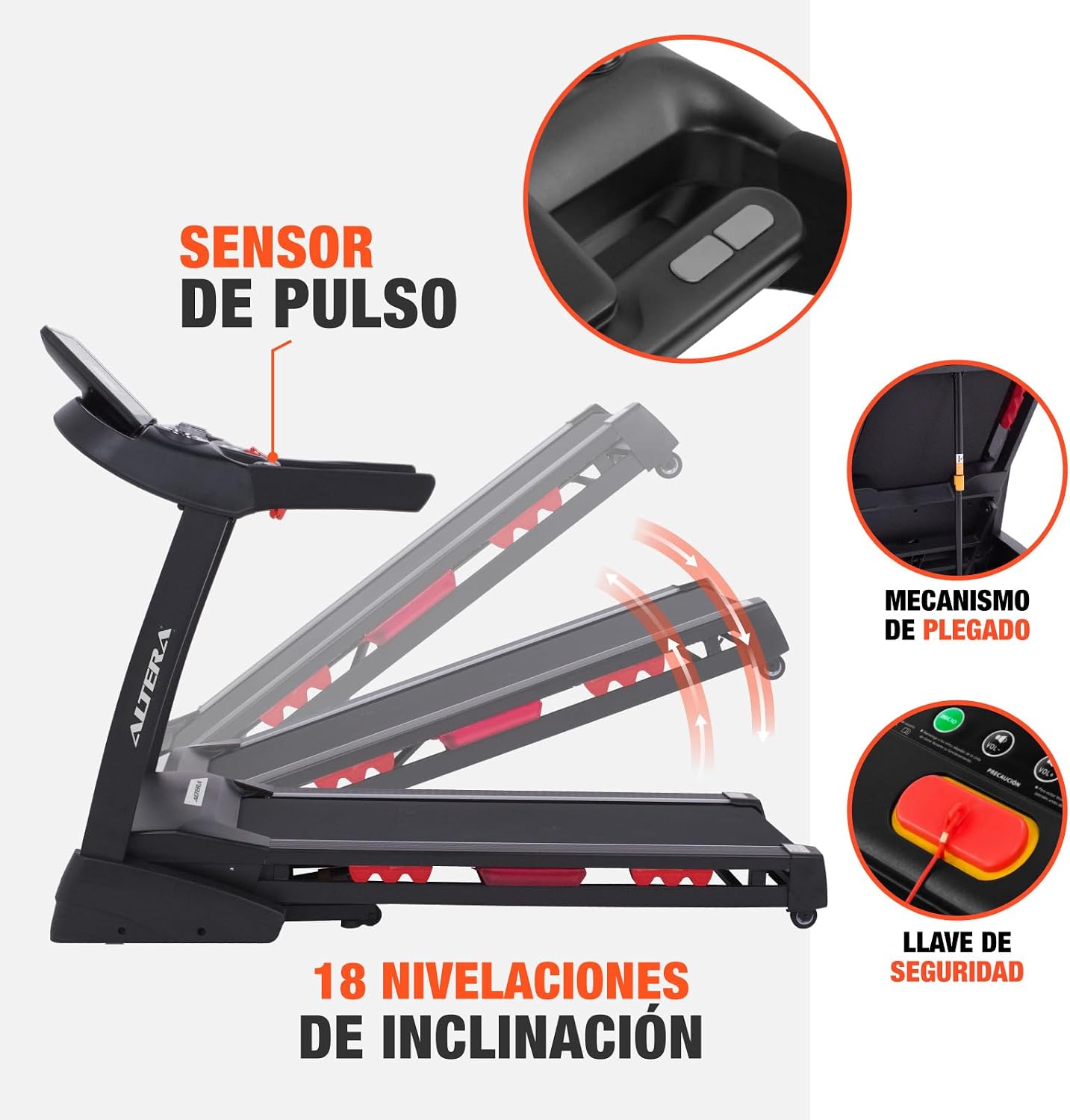 Altera Maresca Treadmill showing folding mechanism, safety key, and pulse sensor