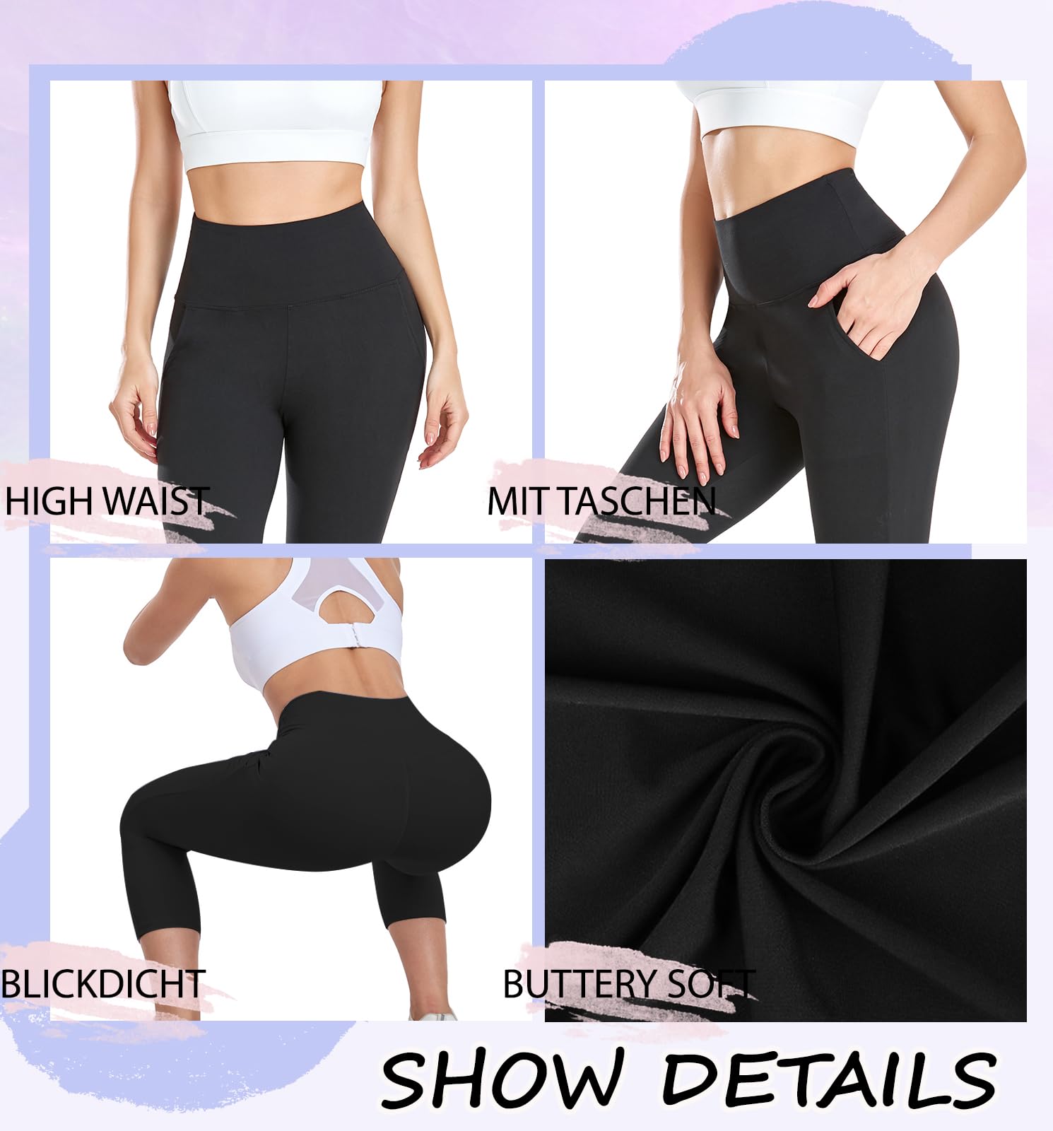 Leggings 3/4 Femme Pantalon de Sport, Jegging Taille Haute Femme Yoga Opaque Doux Capri Leggings avec Poches