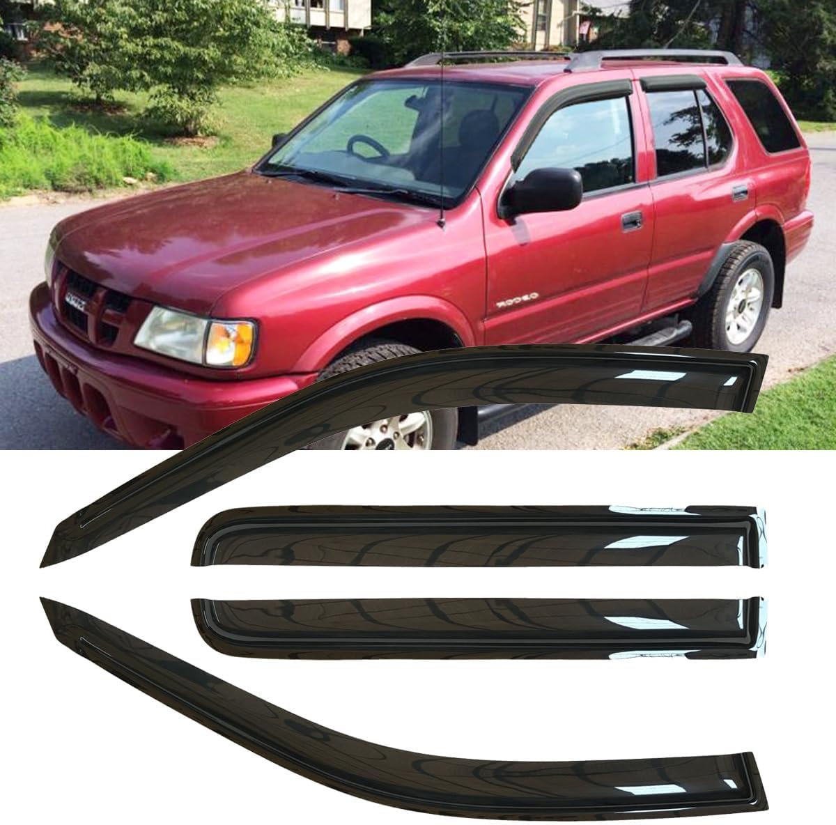 4pcs Original Shatterproof Rainproof Side Window Wind Vent Deflectors for 1998-2002 Honda Passport 1998-2004 Isuzu Rodeo,Tape-on Rain Guard Sets,Nice Looking Window Visors,Window Deflector 94915