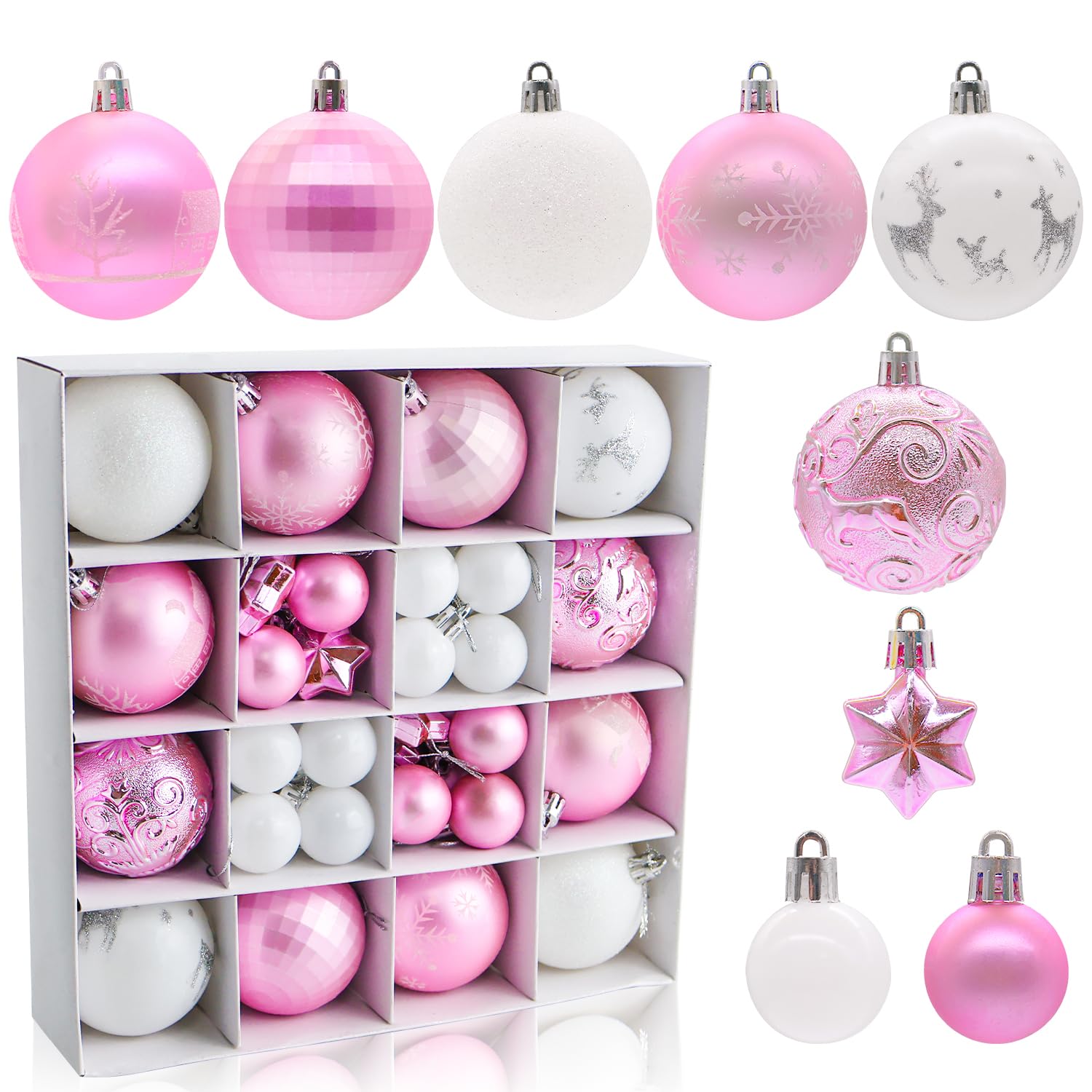 44PCS Christmas Baubles for Christmas Tree Decorations, Xmas Ornaments Set Hanging Balls for Tree Home Party Decorations, Pink White