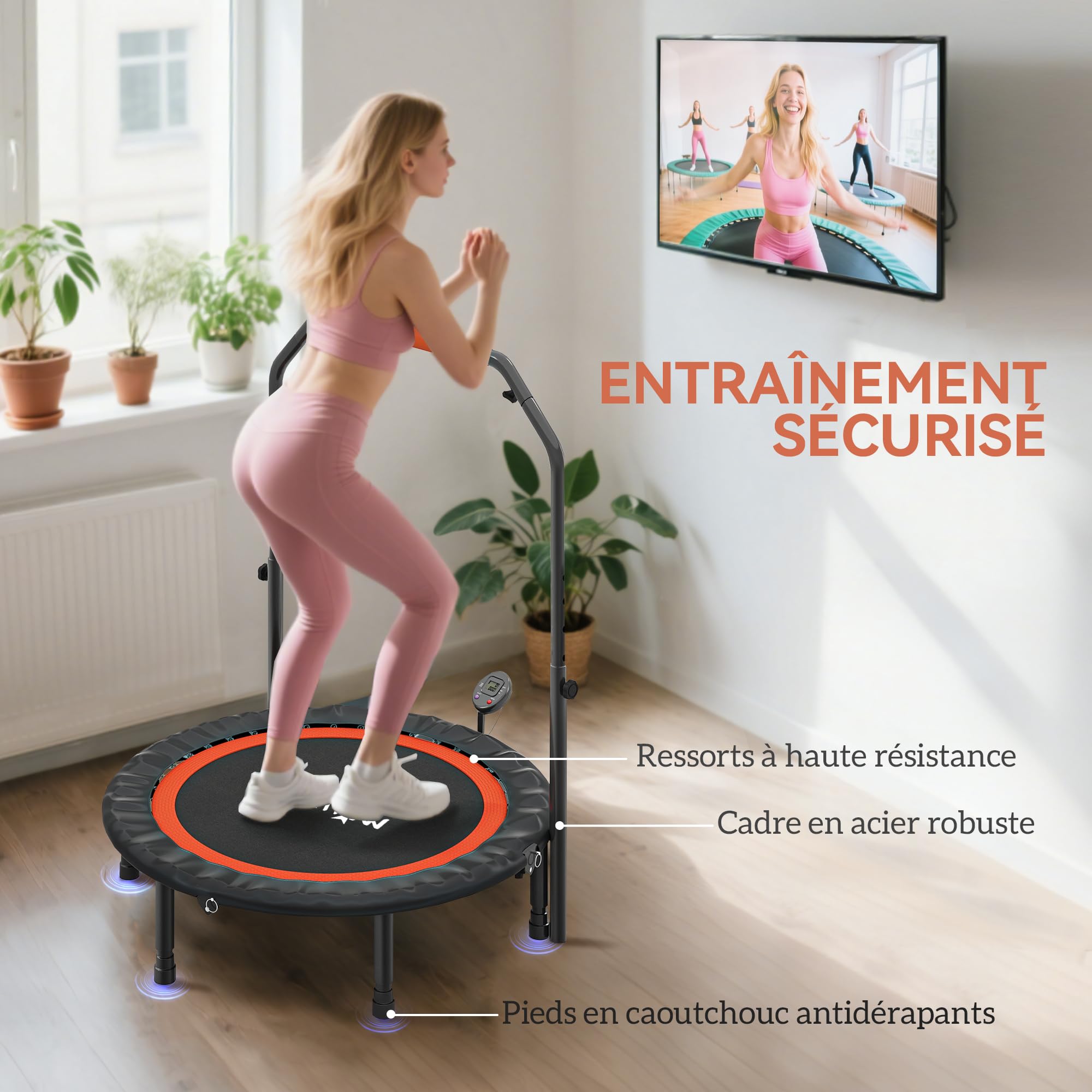 HOMCOM Trampoline de Fitness Gymnastique Trampoline Adulte avec poignée réglable, Pliable, 6 Pieds, 28 Ressorts Ø 102 cm