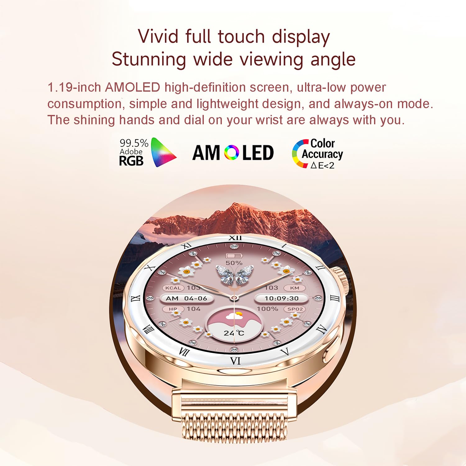 Reloj inteligente para mujer AMOLED de 1,19 pulgadas con función de teléfono, monitor de sueño en el corazón, presión arterial SpO2, modo multideporte, reloj de fitness, resistente al agua, correa de