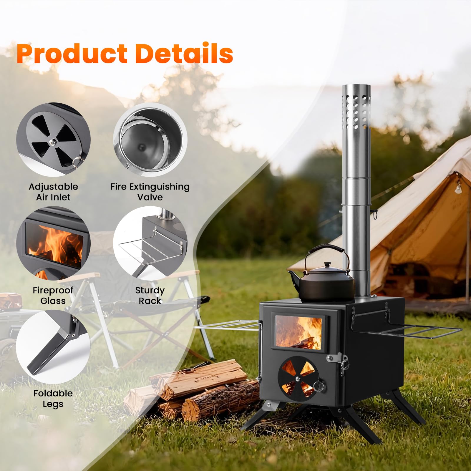 SOPPY Horno de tienda de campaña mini estufa de leña portátil de camping de acero inoxidable estufa de camping horno de jardín con tubos de chimenea horno de taller para tienda de campaña/jardín