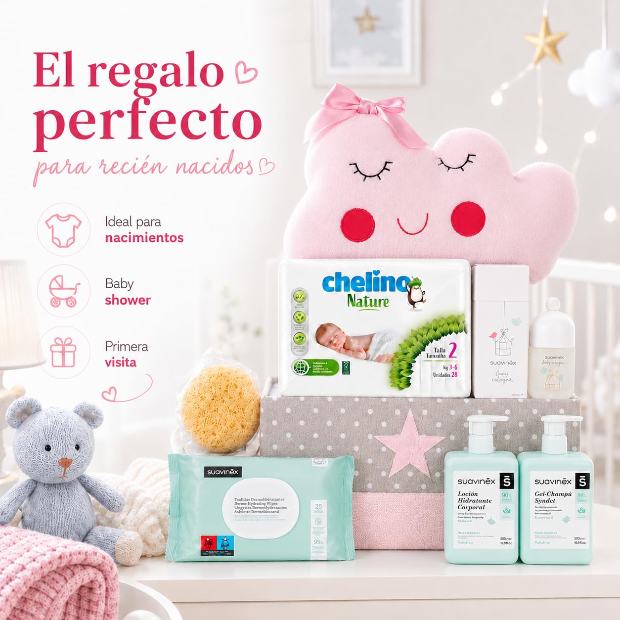 Canastilla Bebé Recién Nacido Nube | Cesta Bebé Regalo | Regalo Bebé Recién Nacido | Canastilla con Peluche Nube, Gel Champú, Loción, Colonia, Esponja, Toallitas y Pañales