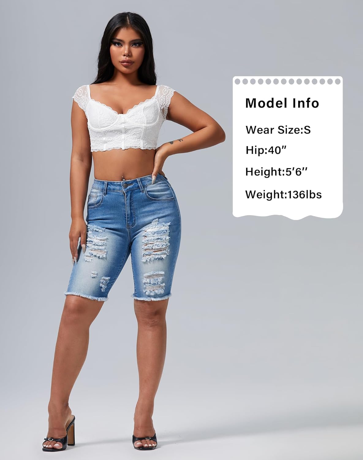 roswear Womens Ripped Stretchy Long Jean Shorts Mid Rise Frayed Cut Off Bermuda Shorts - Image 4