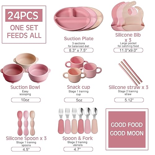 Miniatura 7 de Yinder Juego de 24 suministros de silicona para alimentación para bebés, incluye platos divididos de succión, cucharas suaves, tenedores, babero