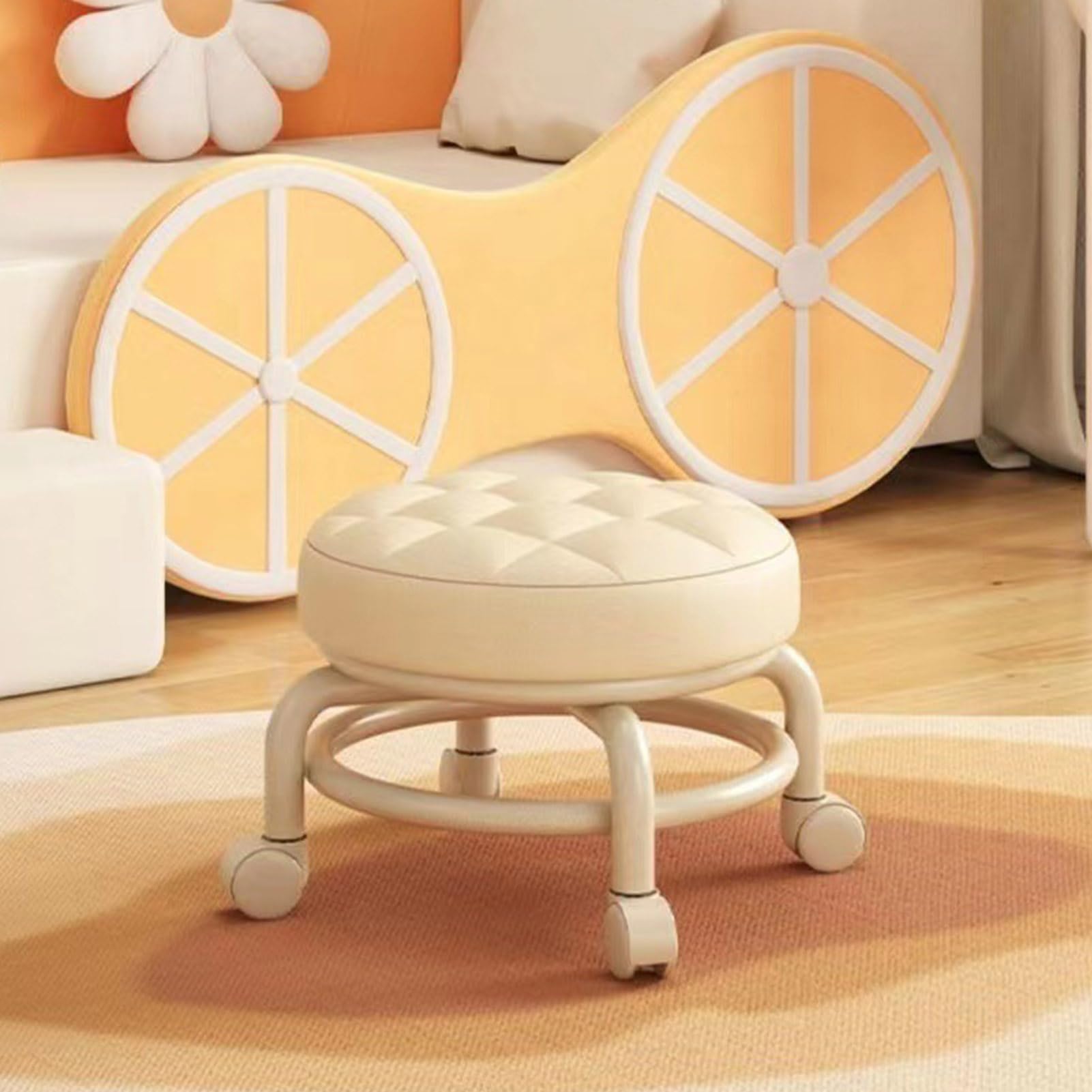 Taburete bajo con Ruedas Cuero PU con Asiento de Esponja Suave Cómodo Diseño Giratorio de 360 ​​Grados para Uso en Casa o para Niños y Adultos