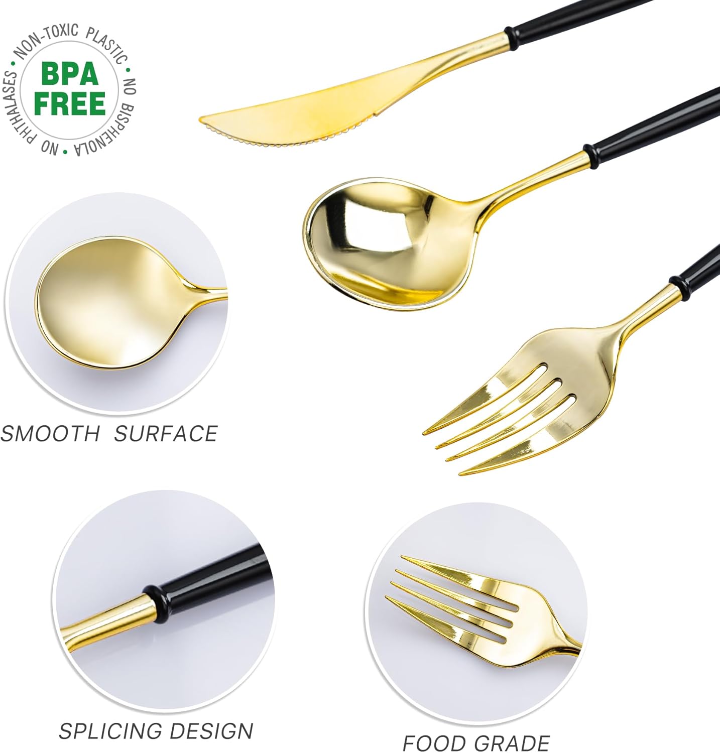 Gold Plastic Cutlery Set - with Bla Handle - Fancy Plastic
