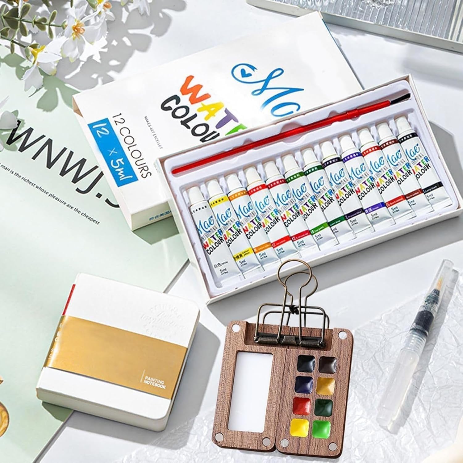 Mini kit per acquerelli, set di acquerelli, 2025 nuovo set di acquerelli da viaggio con clip pennello penna album da disegno (8 griglie+12 acquerelli)