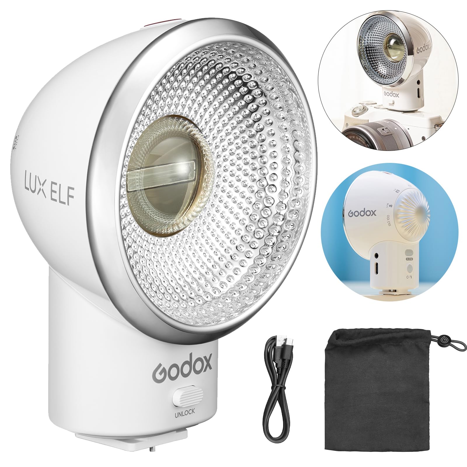 Godox Lux Elf Retro Camera Flash,GN6 6000K±200K CCT,S1/S2 Optical Control,5 Levels Flash Power Steps,Built-in Battery with Type-C Charging,for Fujifilm Canon Nikon Olympus Sony Hot-Shoe Cameras