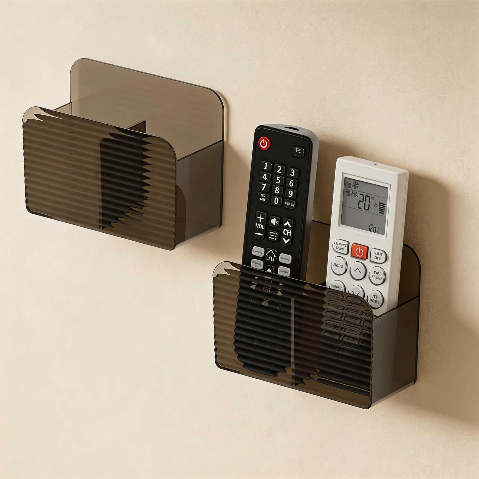 PAVSTINE Remote Control Holder No Drilling Required, 2 Pcs Wall-Mounted Storage Box Self-Adhesive Compartments, Remote Holder Multi-Functional, for Storing Remotes Controls, Media Players, Brown