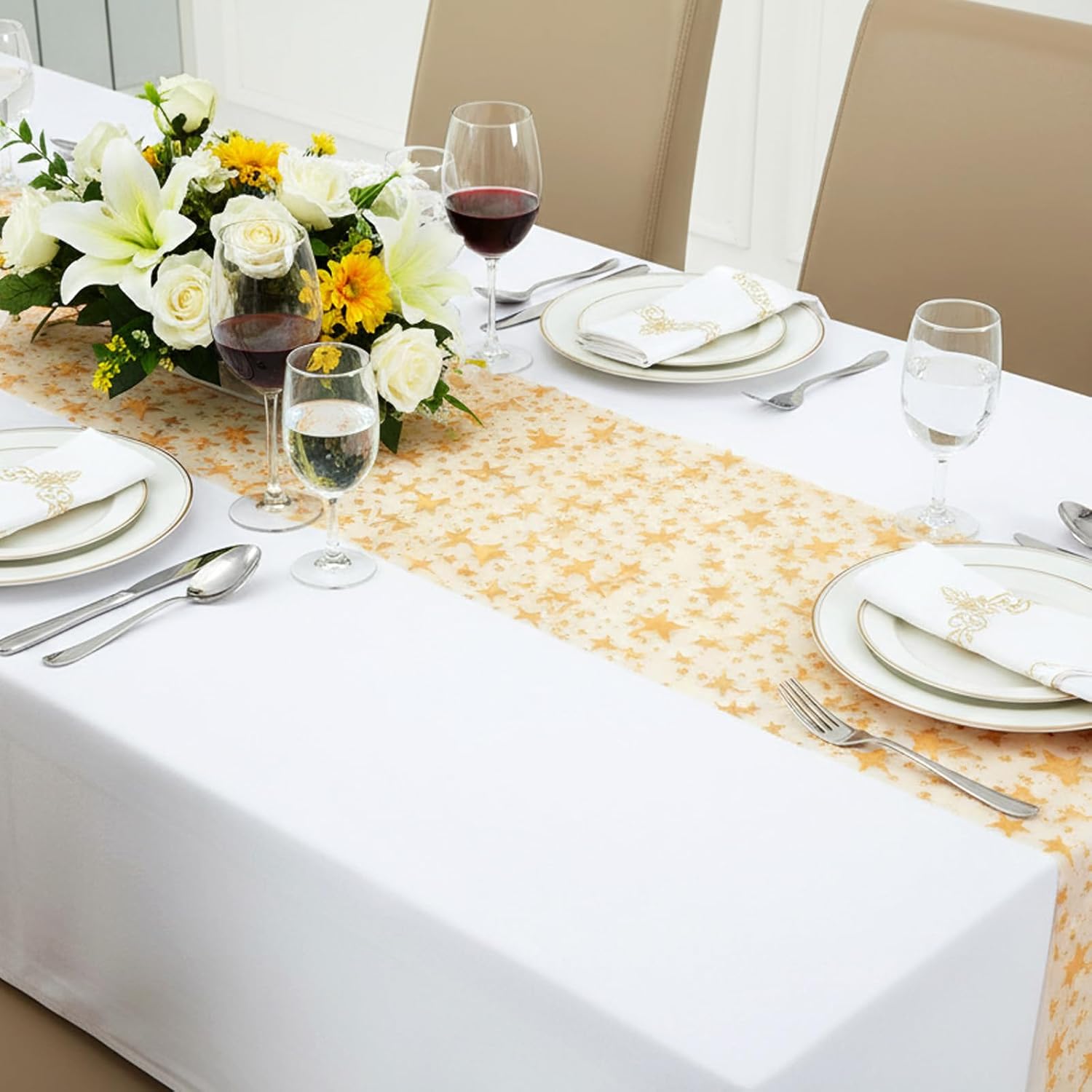 cobee 12 Rolls Gold Star Table Runner, 11x108 Inch Glitter Metallic Mesh Table Decor Star Tabletop Runner Gold Tablecloth for Wedding Birthday Christmas Party Decorations
