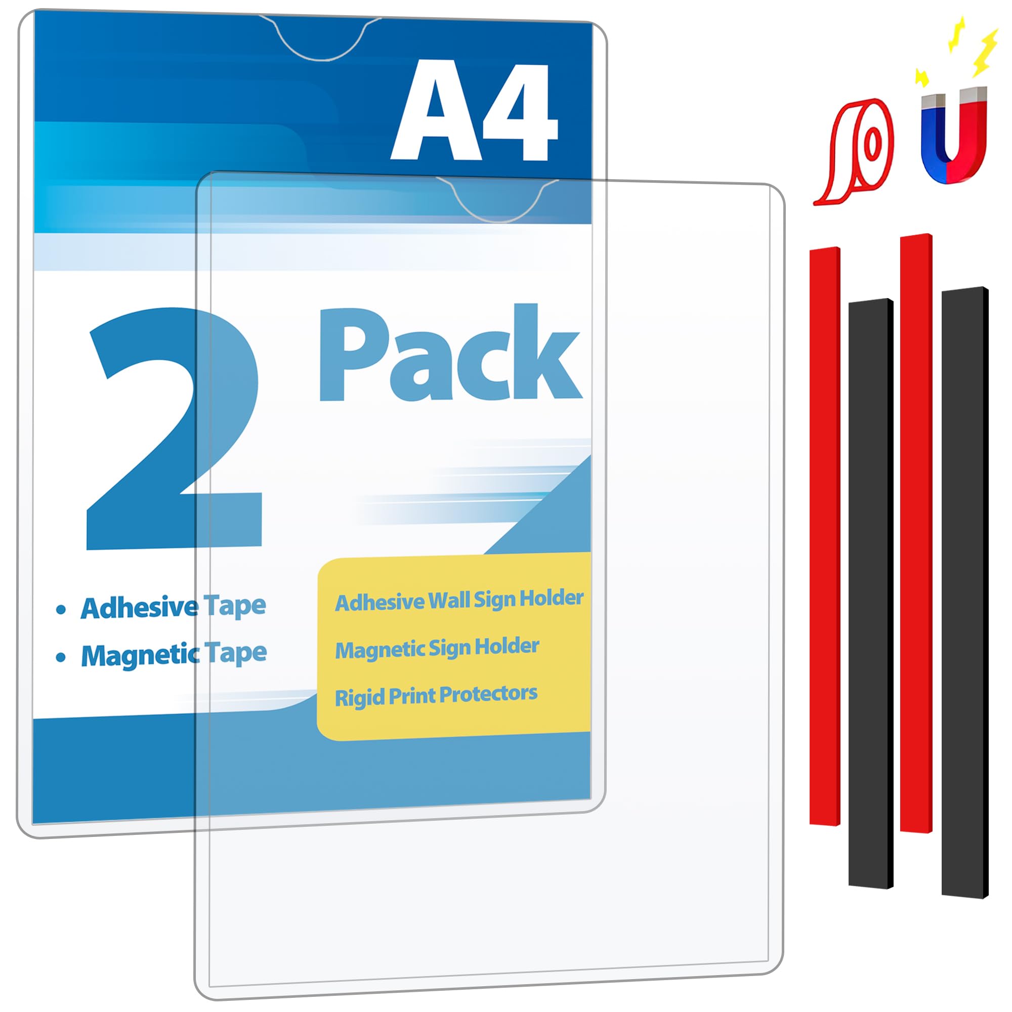 Soporte de Pared A4 Magnético y Adhesivo, Pack de 2 – Expositor Acrílico Transparente para Carteles, Documentos y Avisos, Soporte Expositor de Pared para Oficina, Tienda, Restaurante y Hogar